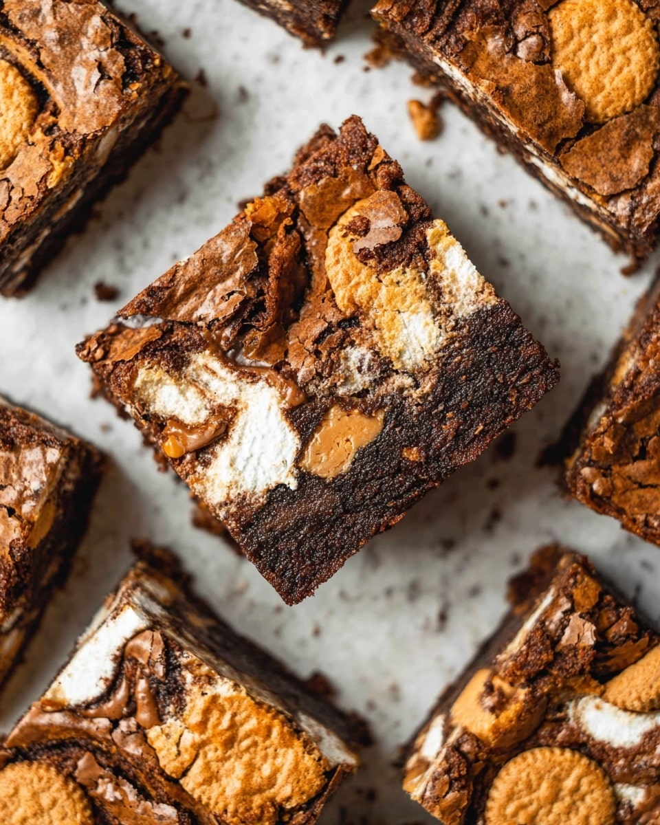 A close-up top view of several square dessert bars on a white marbled surface, each bar showing two main layers: a dark brown, moist chocolate layer mixed with chunks of light brown peanut butter and white marshmallow pieces, and a cracked outer top layer with embedded golden brown peanut butter cookie halves pressed into the surface. The bars have a textured cracked crust on top, contrasting with the dense, mixed filling underneath. Photo taken with an iphone --ar 4:5 --v 7