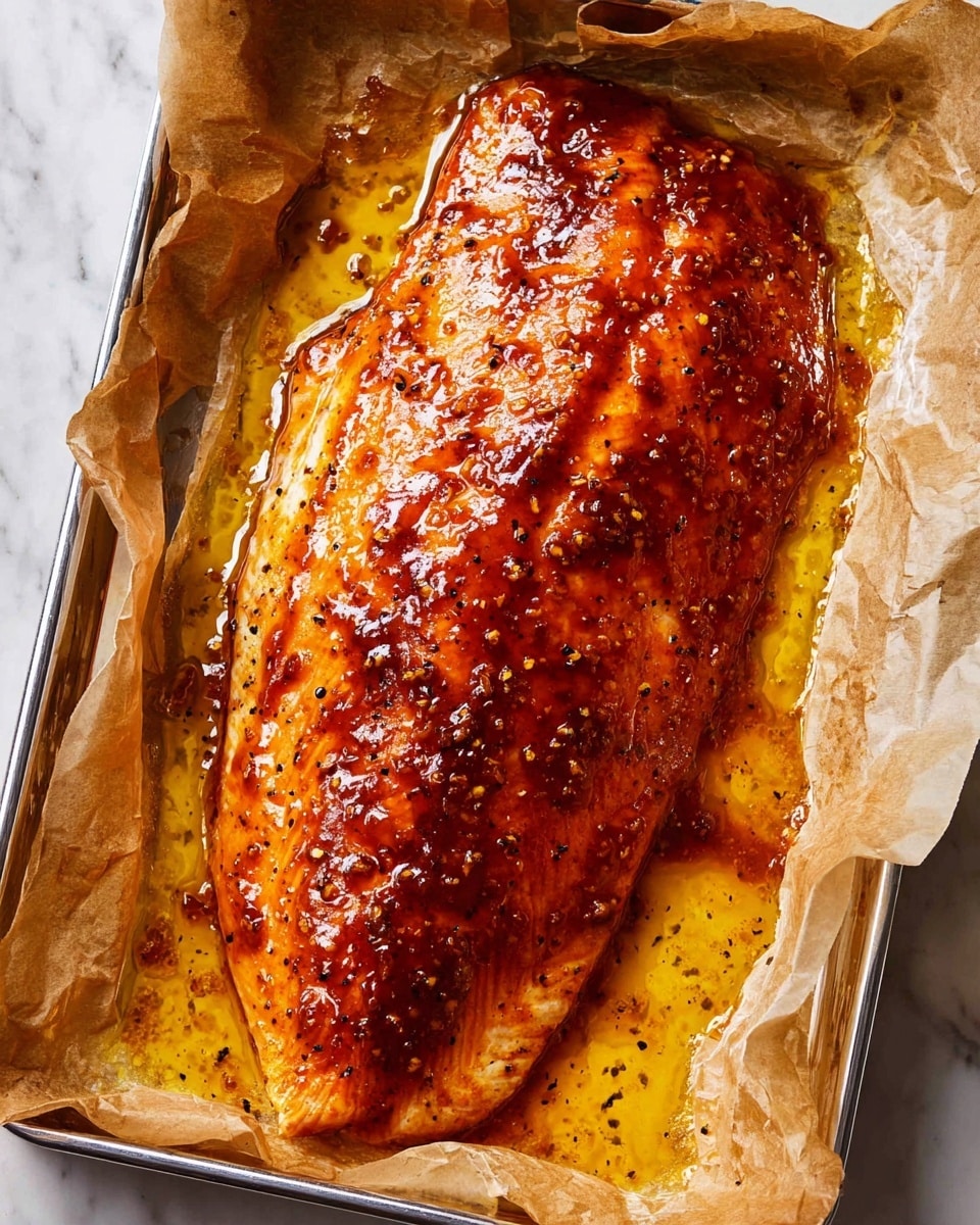 A large, golden-brown fish fillet lies flat on a piece of crinkled parchment paper in a shiny metal tray. The fillet is coated with a thick, glossy sauce that has deep reddish-brown hues with some bubbling, shiny yellow oil pooling around the edges. The surface of the fish shows a textured pattern, with darker spots and a few black pepper specks scattered evenly. The parchment paper underneath the fish is slightly stained with sauce and oil, showing wrinkles and folds. The whole setup rests on a white marbled surface. photo taken with an iphone --ar 4:5 --v 7