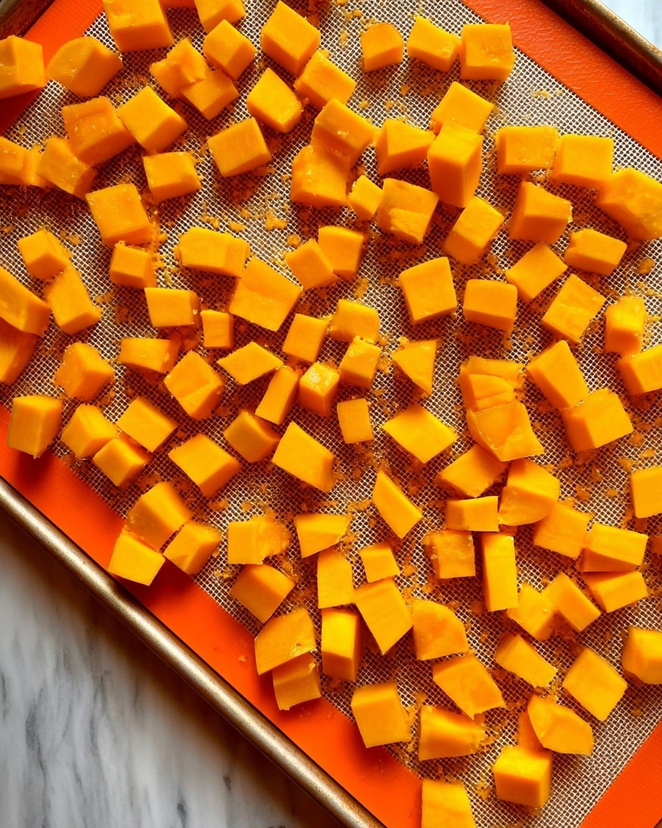 A white baking tray with an orange silicone border is filled with many small, evenly cut cubes of bright orange pumpkin spread out on a baking mat with a fine mesh texture. The pumpkin pieces have smooth, shiny surfaces and are scattered randomly across the tray. The background is a white marbled surface. photo taken with an iphone --ar 4:5 --v 7