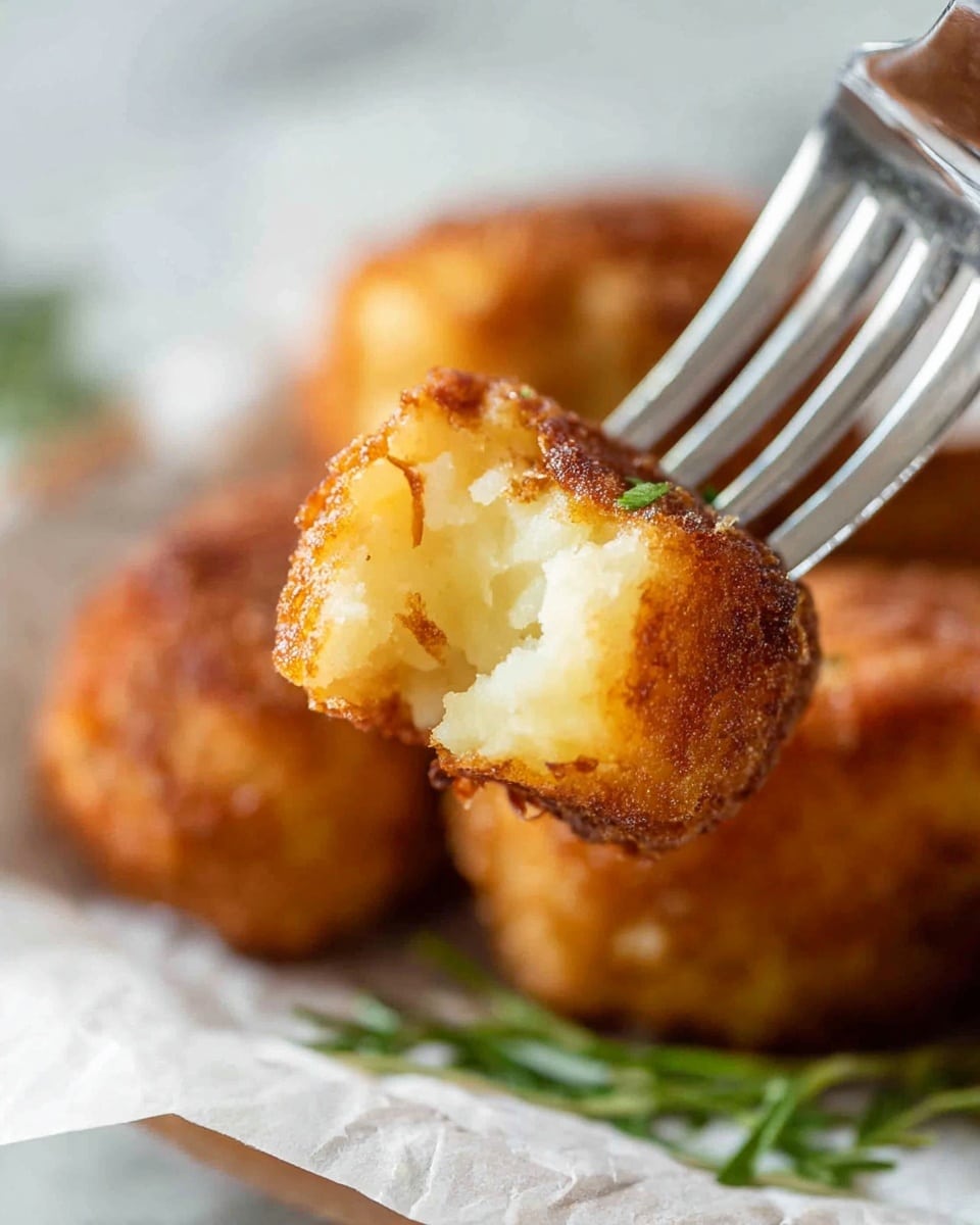 The image shows a close-up of a crispy, golden-brown potato croquette with a fork holding a piece. The croquette has two main layers: the outer layer is a crunchy, dark golden brown crust, and the inside is soft, smooth, and pale yellow mashed potatoes. The piece on the fork is in focus, with blurred croquettes in the background. The croquettes rest on white parchment paper, and a soft green herb is faintly visible beneath them. The photo is taken on a white marbled surface. photo taken with an iphone --ar 4:5 --v 7