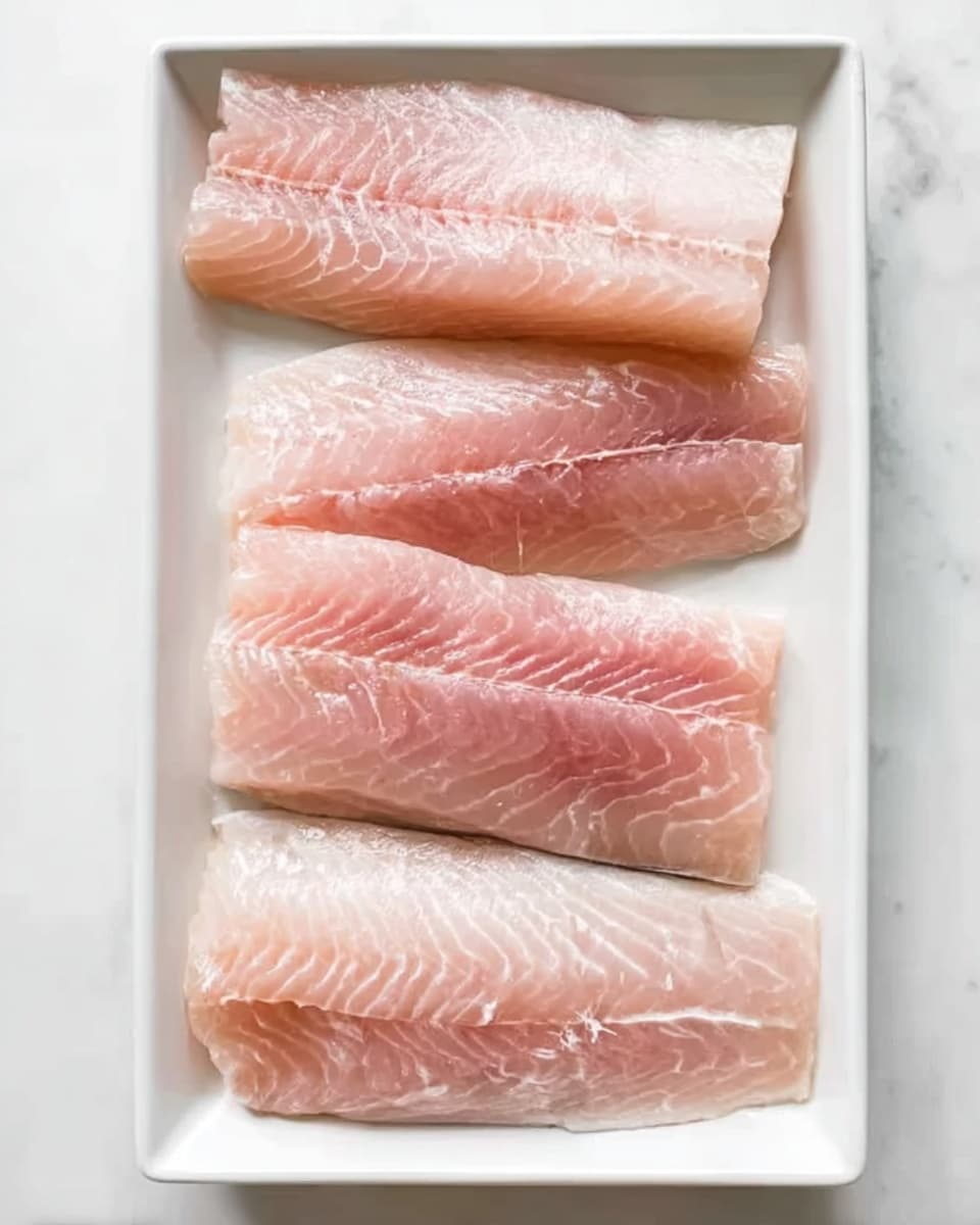 The image shows four raw fish fillets placed in a white rectangular dish on a white marbled surface. The fillets are light pale pink with a shiny, slightly wet texture. They are arranged in two vertical rows, with two fillets in each row. Each fillet has visible soft lines and patterns, showing the natural grain of the fish flesh. The overall look is fresh and clean. photo taken with an iphone --ar 4:5 --v 7