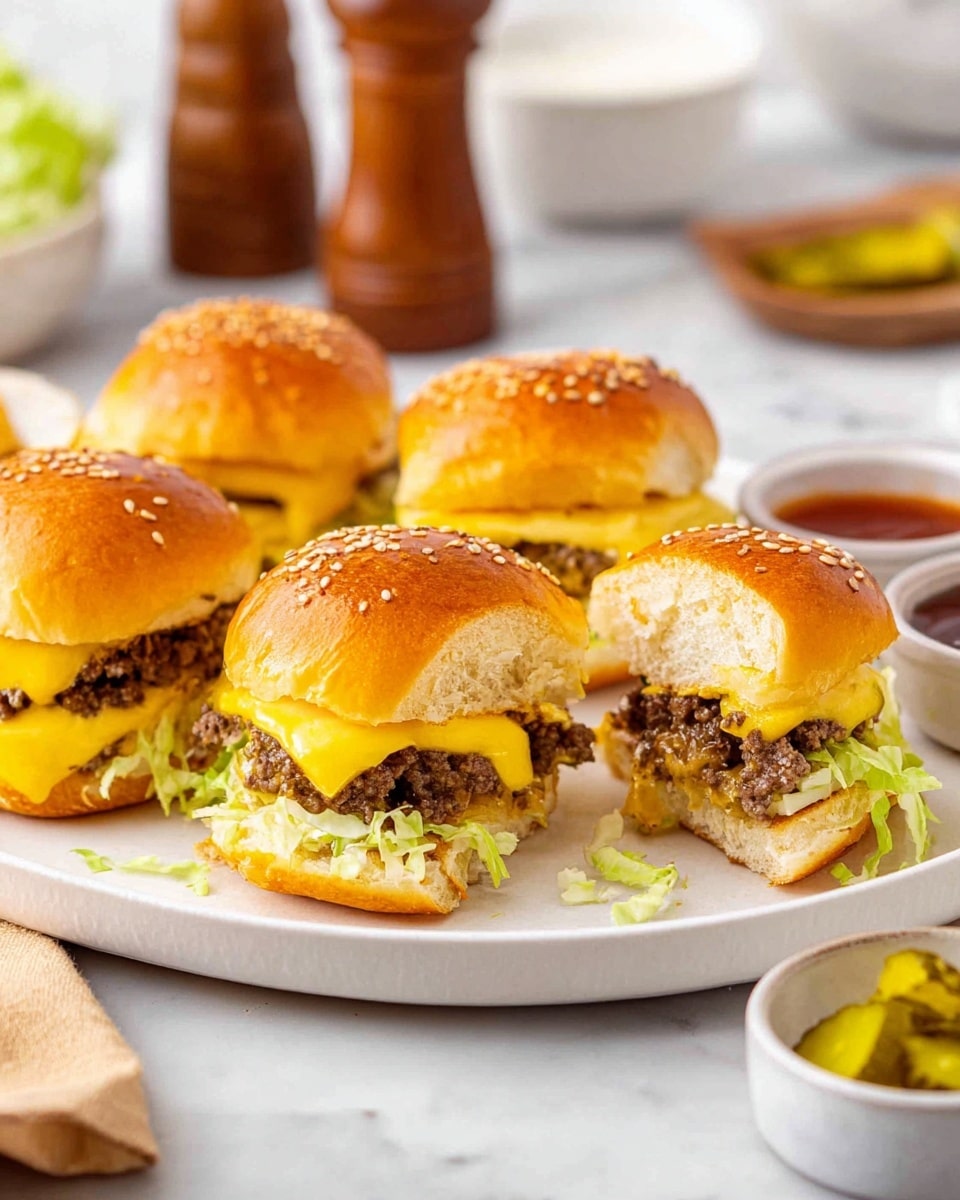 The image shows five mini cheeseburgers on a white plate, placed on a white marbled surface. Each burger has three layers: a soft, shiny brown bun with sesame seeds on top, a middle layer of melted yellow cheese and tiny pieces of cooked ground beef, and a bottom layer of light green shredded lettuce. One burger has a bite taken out of it, showing the layers inside clearly. The plate is surrounded by small bowls of sauce and pickles, and there are wooden salt and pepper shakers in the background. photo taken with an iphone --ar 4:5 --v 7