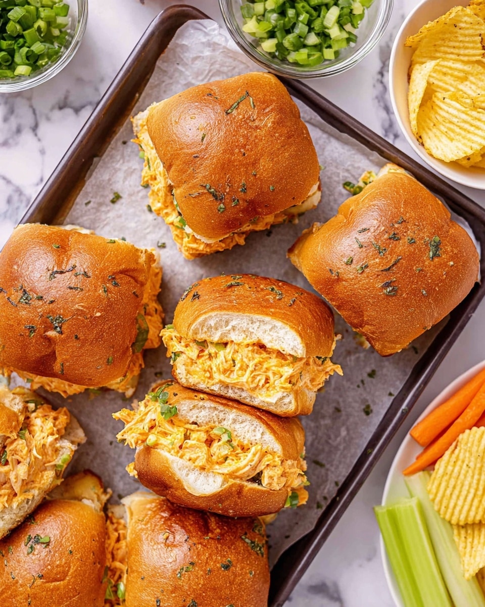 Several small square sandwiches are arranged on a baking tray lined with parchment paper, placed on a white marbled surface. Each sandwich has two golden brown buns, with visible herbs baked into the top bun, adding texture and specks of green. Inside the buns, there is a layer of creamy orange filling mixed with shredded ingredients that looks soft and slightly messy, with bits of green herbs mixed in. The sandwiches are surrounded by small bowls, one filled with green chopped scallions, another with yellow ridged potato chips, and a plate holding orange carrot sticks and green celery sticks. The overall presentation is bright with warm and fresh colors, and the lighting highlights the texture of the buns and filling clearly. Photo taken with an iphone --ar 4:5 --v 7
