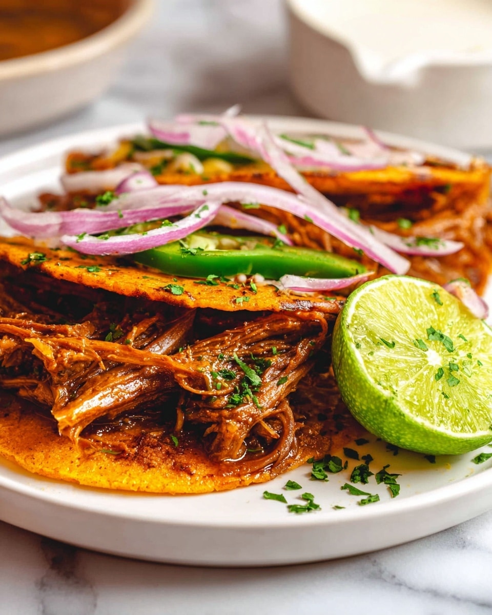 Two orange-red grilled tortillas lay on a white plate with shredded brown meat nestled between them. The top tortilla is slightly open, showing the tender meat inside. Thin slices of purple onion and green jalapeño pepper rest on top, adding color. A bright green lime wedge with a textured peel sits near the tortillas, sprinkled with chopped green herbs. The plate is set on a white marbled surface, and a white sauce dish is blurred in the background. Photo taken with an iphone --ar 4:5 --v 7