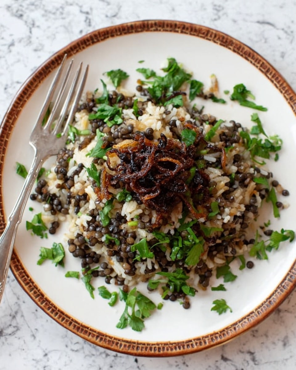 A white plate with a brown rim holds one main layer of cooked mixed rice and small black lentils, topped with a small mound of dark brown fried onions in the center. Bright green chopped fresh herbs are sprinkled around and on top of the rice and lentils, adding color contrast. The plate is placed on a white marbled surface, and a silver fork lies beside it on the left. Photo taken with an iphone --ar 4:5 --v 7