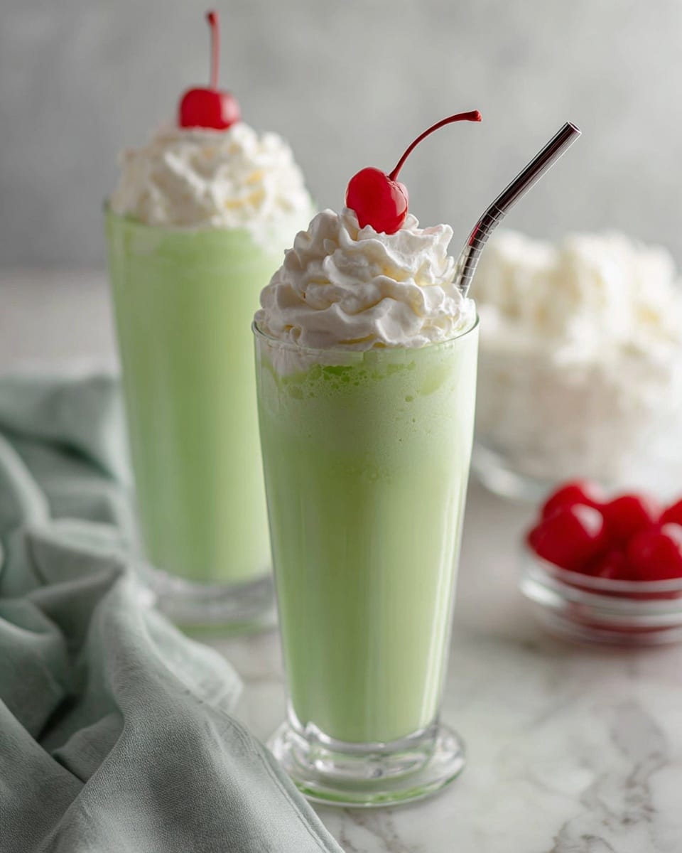 Two tall clear glasses sit on a white marbled surface, each filled with a pale green thick drink. On top of each drink is a layer of white whipped cream that looks soft and fluffy, with a red cherry placed in the center of the cream. A shiny metal straw leans out from the whipped cream in the glass in front. The background is softly blurred with another glass bowl filled with extra whipped cream and a small bowl of red cherries visible. A light gray cloth is partly visible in the lower left corner. photo taken with an iphone --ar 4:5 --v 7
