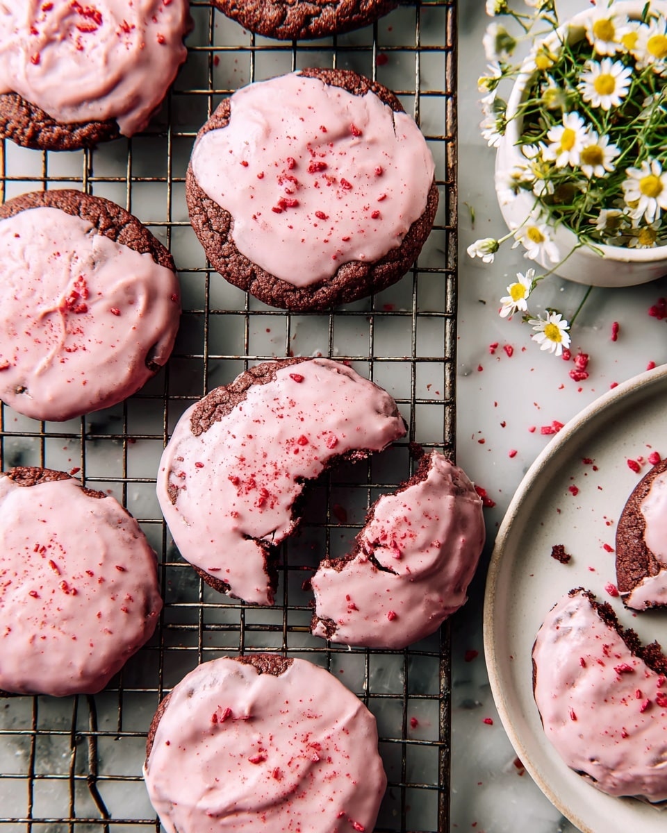 The image shows several round cookies with a cracked, rough texture, covered in a thick layer of light pink icing that has a slightly uneven, glossy surface. One cookie is broken in half, revealing a soft, crumbly inside with a darker brown color beneath the pink icing. The cookies rest on a white marbled surface with some red crumbs scattered around. Nearby, a white ceramic cup holds small white and yellow flowers, adding a delicate, natural touch to the scene. The overall look is rustic and inviting, photo taken with an iphone --ar 4:5 --v 7