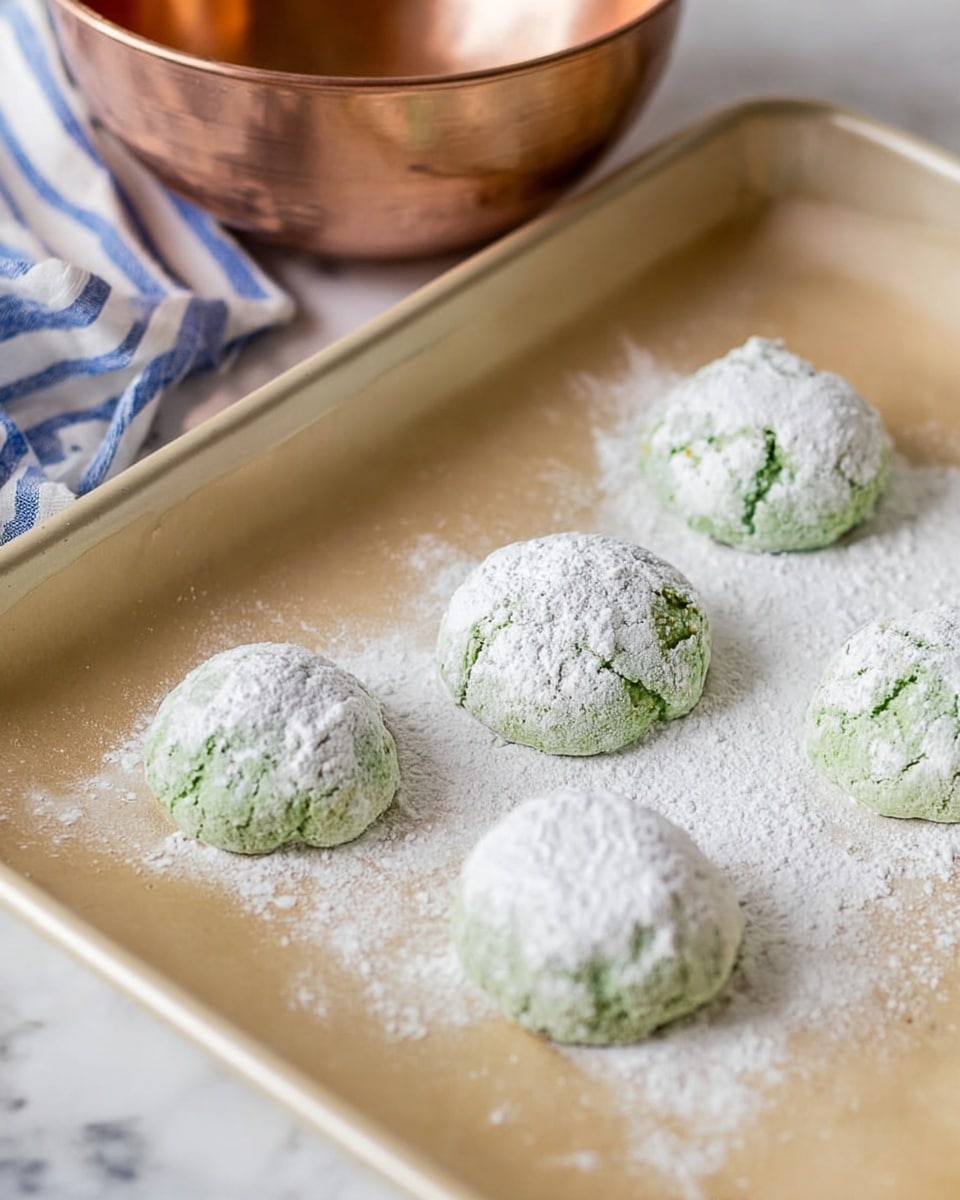 The image shows six small balls of green dough with a rough, cracked surface, covered in a thick layer of white powdered sugar. The dough pieces are placed on beige parchment paper spread inside a shallow baking tray. The powdered sugar is scattered around the dough balls, creating a light, powdery texture on the parchment. In the top background, there is a copper mixing bowl resting on a white marbled surface with a blue and white striped cloth nearby. The scene is bright and softly lit, focusing closely on the dough balls. photo taken with an iphone --ar 4:5 --v 7
