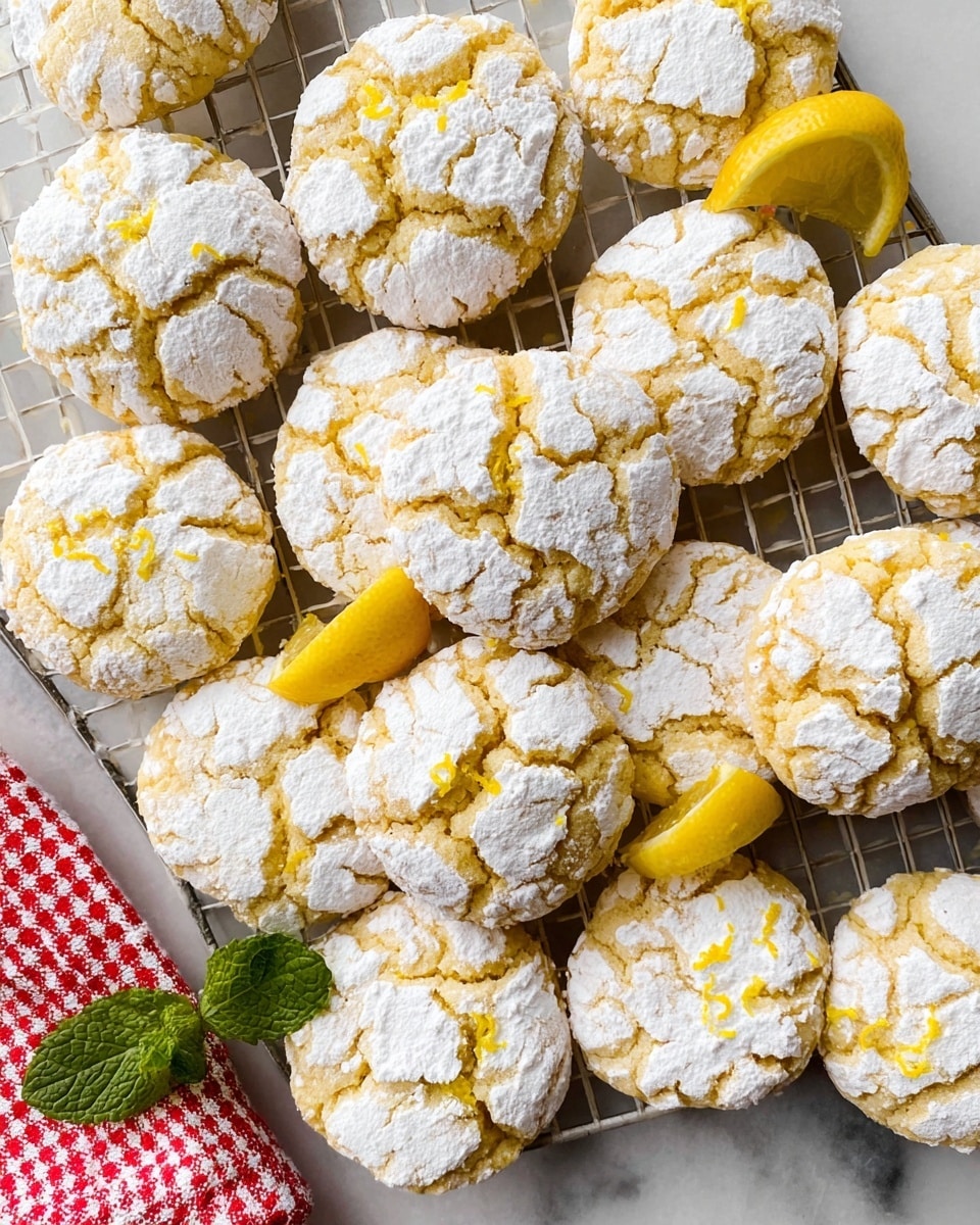 The image shows multiple lemon cookies arranged closely on a white wire cooling rack. Each cookie is round with a cracked surface, revealing a light yellow dough beneath a thick layer of white powdered sugar that is unevenly spread, creating a cracked pattern. Scattered lemon zest adds small bright yellow specks on some cookies. There are small bright yellow lemon wedges placed among the cookies, with a sprig of green mint near the bottom left, resting on the corner of a red and white checkered cloth. The entire scene is set on a white marbled textured surface. photo taken with an iphone --ar 4:5 --v 7