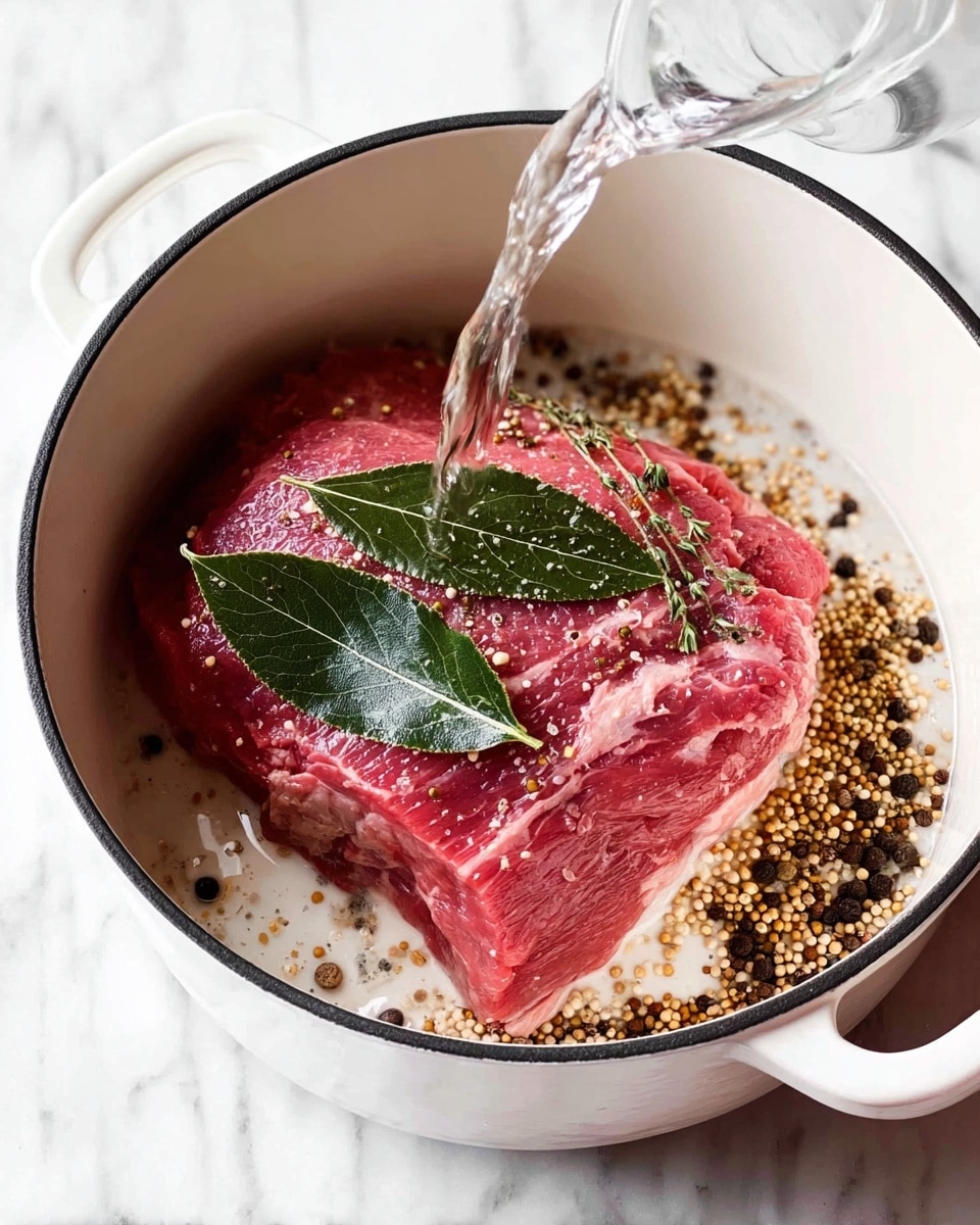 A thick piece of raw red meat with light fat streaks lies in a white pot. The meat is topped with two dark green bay leaves. Around the meat, coarse mustard seeds, black peppercorns, and small dried herbs are scattered. Clear water is being poured into the pot from the right side. The pot rests on a white marbled surface. photo taken with an iphone --ar 4:5 --v 7