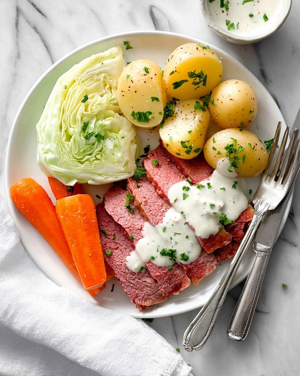 A white plate holds four slices of pink cooked meat topped with a white creamy sauce sprinkled with green herbs on the right side. Above the meat, there are five small round boiled potatoes, some cut in half showing their yellow inside with green herb sprinkles. On the left side of the plate, there are three bright orange carrot pieces and a wedge of pale green cabbage sprinkled with black pepper and green herbs. A silver fork and knife rest on the bottom right edge of the plate next to a white cloth, all placed on a white marbled surface. Photo taken with an iphone --ar 4:5 --v 7