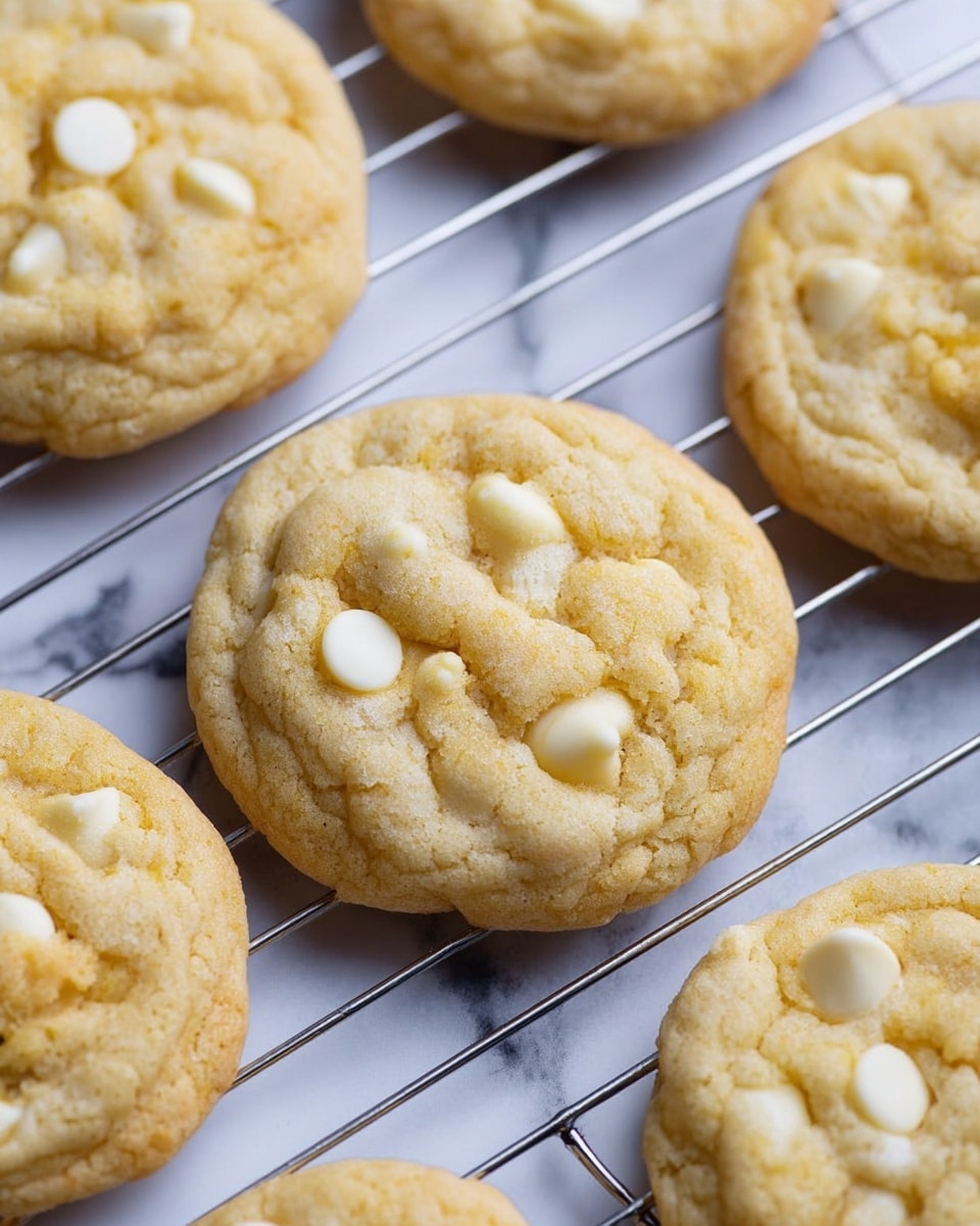 A close-up view of soft, round cookies placed on a metal cooling rack. Each cookie has a light golden color with visible white chocolate chips embedded across the tops. The surface texture of the cookies is slightly cracked, showing a delicate, almost crumbly appearance. The white chocolate chips add a smooth, creamy contrast to the matte cookie dough. The rack is on a white marbled surface, making the golden and white tones stand out clearly. Photo taken with an iphone --ar 4:5 --v 7