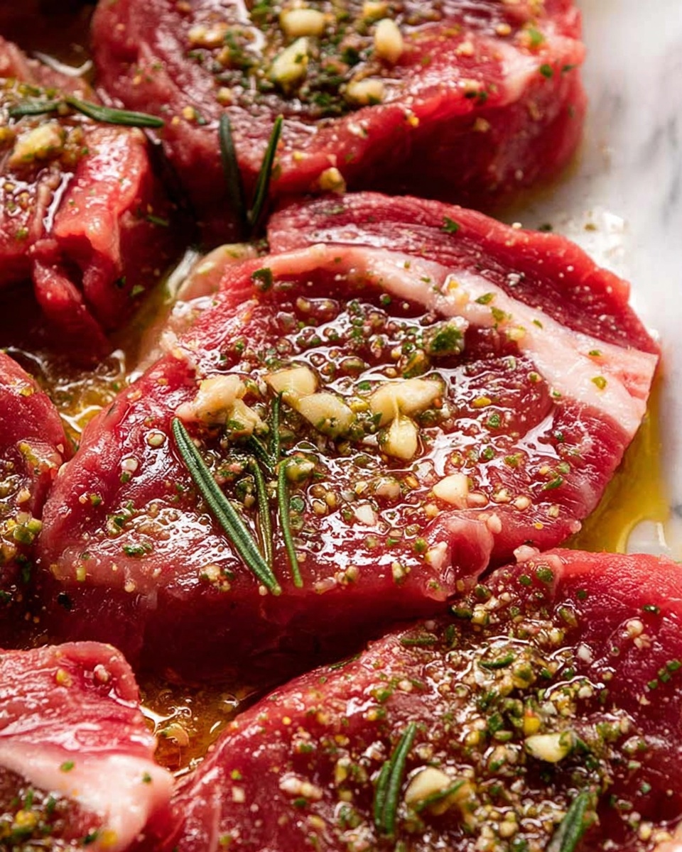 The image shows several thick slices of raw red meat with visible white fat layers. The meat is covered in a shiny layer of oil and sprinkled with spoons of chopped garlic and small green herb pieces like rosemary. The texture of the meat is smooth and fresh, with the herbs and oil adding a glossy and slightly textured look. The slices are arranged close together, filling the frame. The background is a white marbled texture. photo taken with an iphone --ar 4:5 --v 7