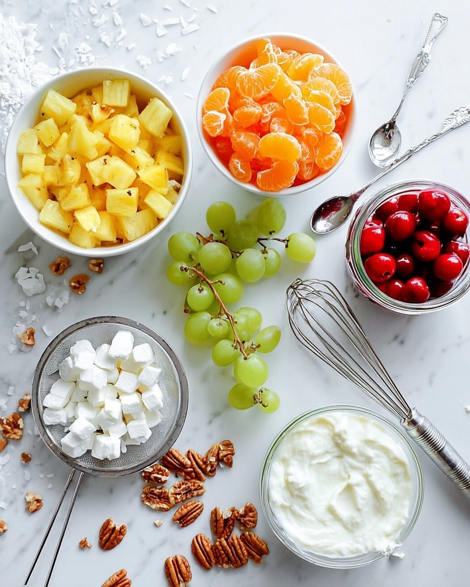 The image shows a white marbled surface with a white bowl filled with small yellow pineapple chunks on the left side and a metal strainer holding bright orange mandarin segments above it. In the center, there are small clusters of light green grapes and scattered pecans. Two metal spoons lie nearby, one filled with small white marshmallows and the other with shredded white coconut. To the right, there is a jar filled with bright red cherries and an open container of white yogurt with a spoon inside. A shiny metal mixer whisk is placed near the bottom right corner. The layout is clean and bright, with all items clearly spaced out. Photo taken with an iphone --ar 4:5 --v 7