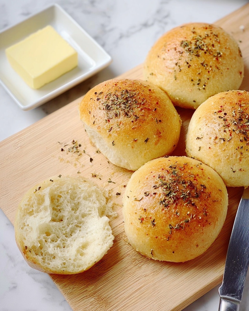 The image shows five golden brown round bread rolls resting on a light wood cutting board with some scattered dried herbs on top, giving them a slightly speckled look. One roll is split open, revealing a soft, airy inside texture. In the top left corner, a small white rectangular dish holds a square piece of pale yellow butter, slightly melting. A metallic knife is partly visible on the right edge of the board. The board sits on a white marbled surface, adding a clean and bright background. The scene feels warm and fresh with a simple, homemade vibe. photo taken with an iphone --ar 4:5 --v 7