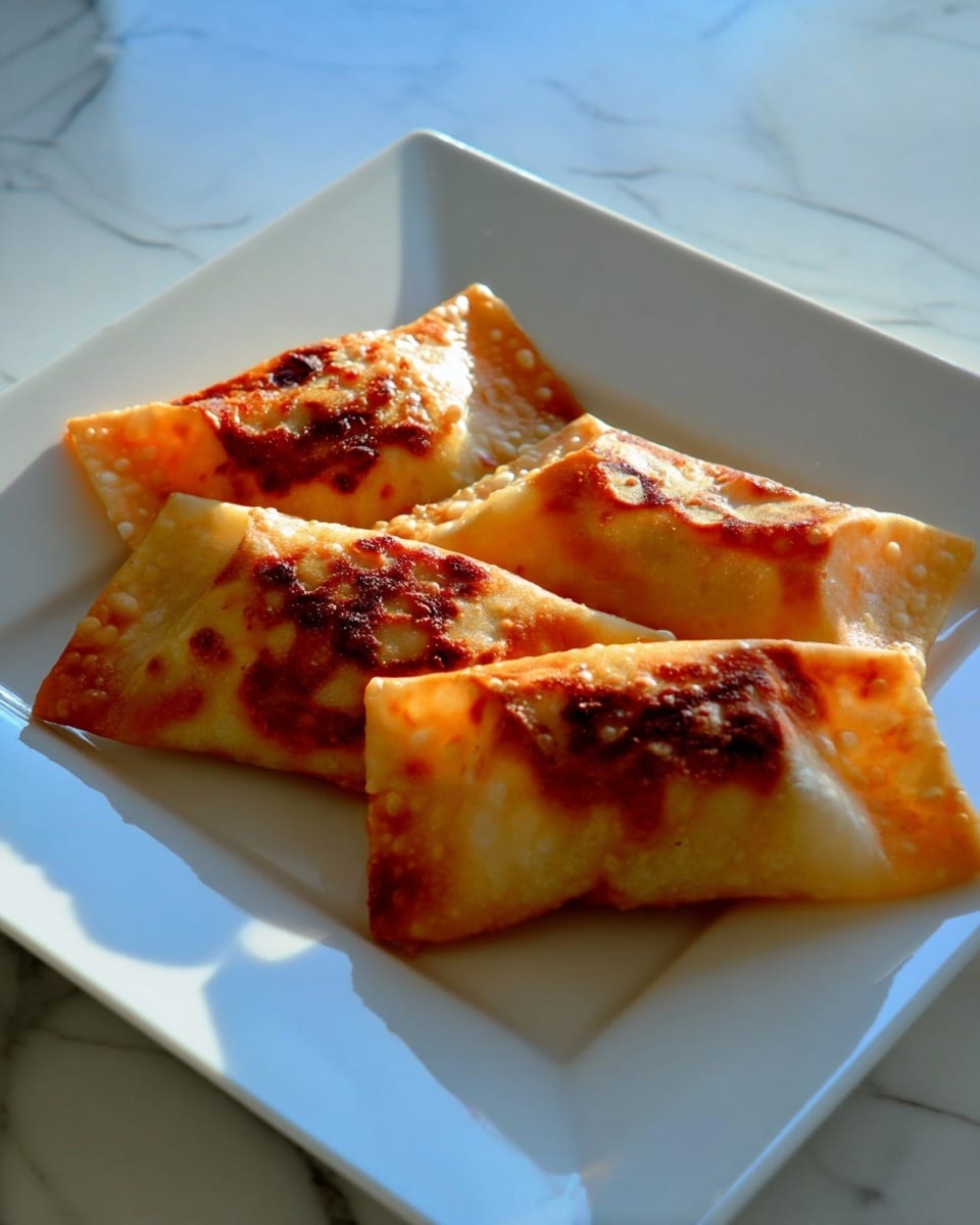 Three square shaped golden brown fried dumplings sit on a white square plate with soft crispy edges. Each dumpling has slightly darker spots of crispiness and folded corners that create small triangle flaps on top. The plate rests on a white marbled surface, with soft natural light casting gentle shadows on the dumplings, emphasizing their texture and warm tones. Photo taken with an iphone --ar 4:5 --v 7