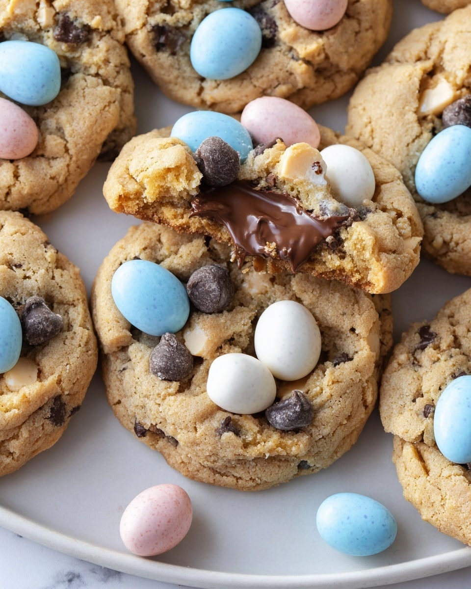 The image shows several round cookies on a white plate with a white marbled background. Each cookie has a golden-brown dough base with a rough texture and is topped with large candy-coated chocolate eggs in light blue, white, and light pink colors, along with dark chocolate chips embedded in the dough. One cookie is broken open in the center, revealing a thick, melted dark chocolate layer inside, which looks smooth and shiny, creating a rich contrast to the crumbly dough. The candy coatings on the eggs are cracked in places, adding texture variety. The arrangement is casual with some whole candies scattered around the cookies. Photo taken with an iphone --ar 4:5 --v 7