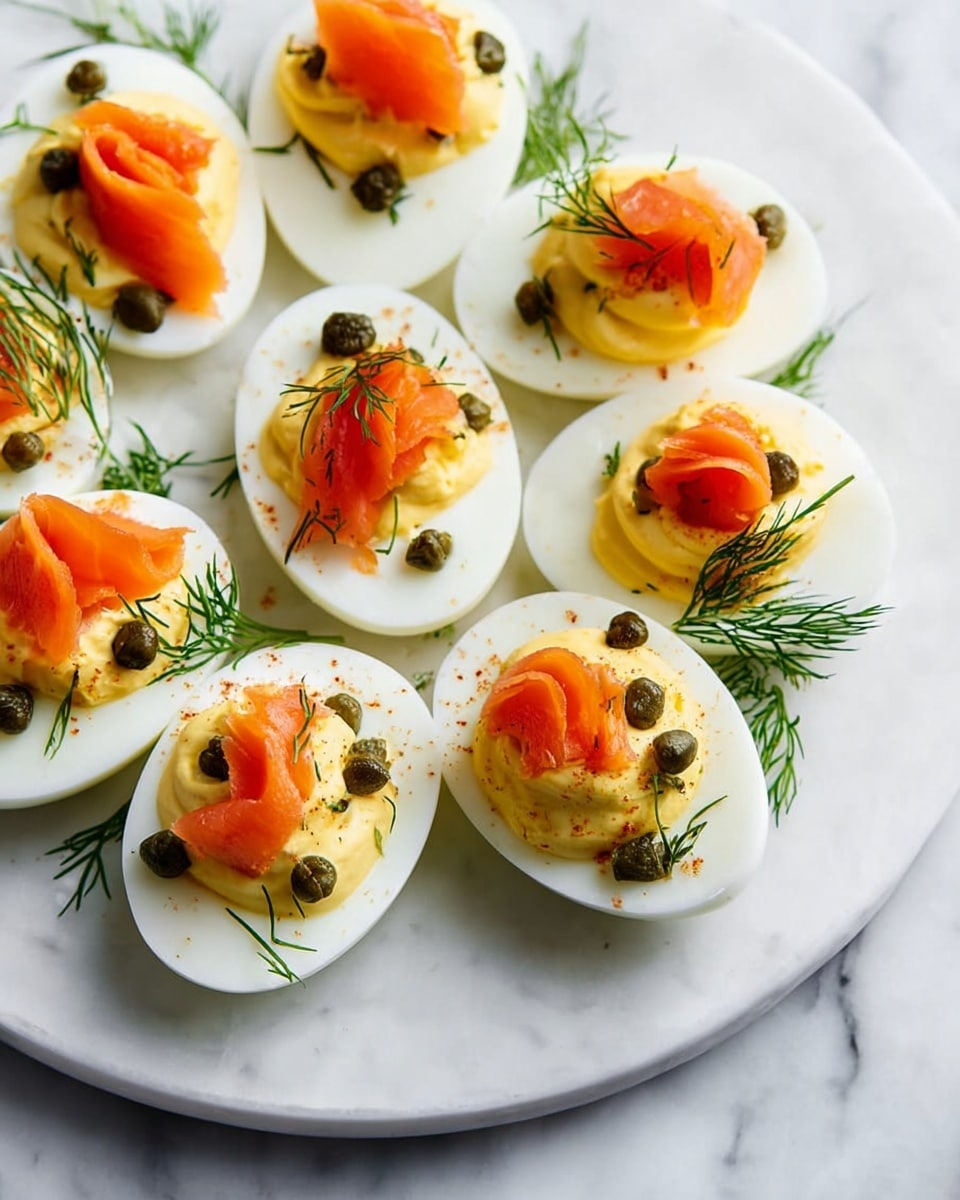 A white plate holds several halved boiled eggs, each with a smooth white outer layer and a creamy pale yellow filling in the center. On top of the filling, there is a thin slice of bright orange smoked salmon slightly folded. Small round capers and fresh green dill sprigs are scattered on the eggs, adding texture and color contrast. The background is a white marbled surface. photo taken with an iphone --ar 4:5 --v 7