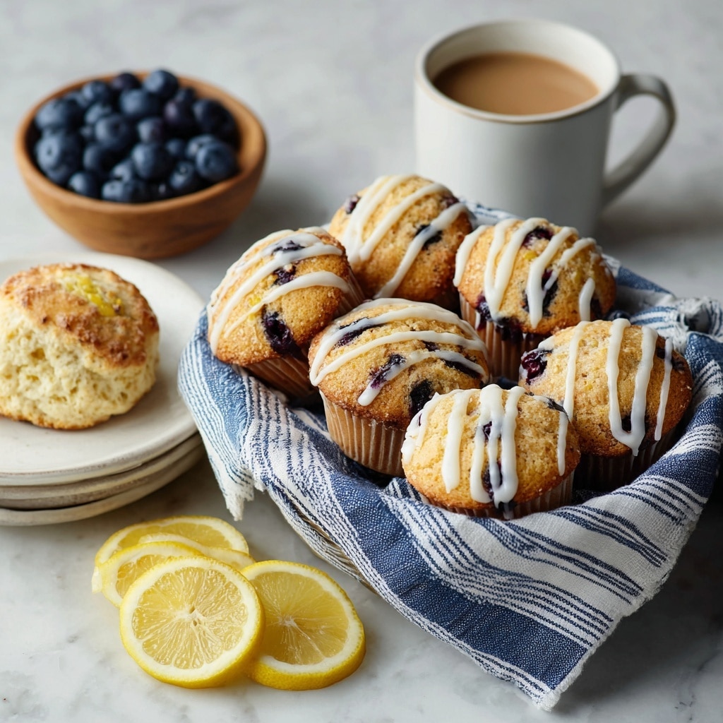 A basket lined with a blue and white striped cloth holds eight round, golden-brown scones topped with uneven white icing drizzled across each one. The scones have a slightly coarse texture with visible bits of blueberries inside. To the left is a white plate with one scone cut in half, showing a soft, yellow interior with blueberries embedded. Slices of lemon are in front of the plate, bright yellow with visible flesh and peel. In the background, on a white marbled surface, a small wooden bowl filled with fresh blueberries and a white cup of light brown coffee sit nearby. photo taken with an iphone --ar 4:5 --v 7