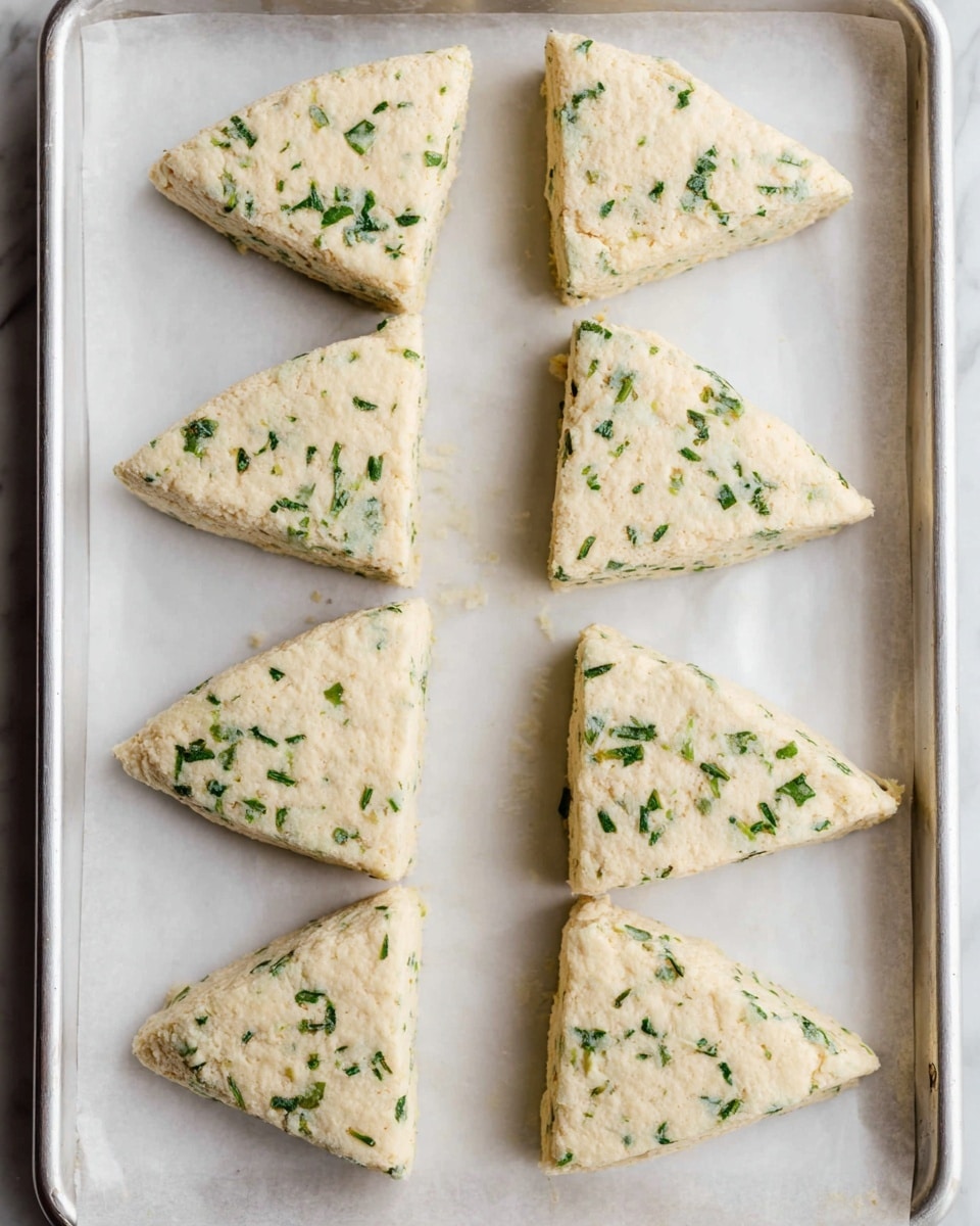 The image shows eight triangular scone dough pieces arranged neatly on a white parchment paper-lined baking tray. The scones have a pale dough color with visible specks of chopped green herbs evenly mixed throughout each piece. The tray sits on a white marbled surface. photo taken with an iphone --ar 4:5 --v 7