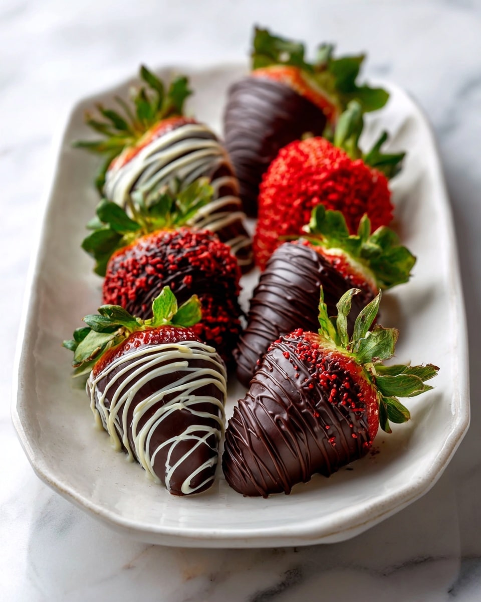 A white long oval dish holds eight large strawberries, each dipped differently in chocolate. The front strawberry has a dark chocolate layer with white chocolate swirls. Behind it, one strawberry is covered in dark chocolate and decorated with red sprinkles. Another strawberry is fully coated in dark chocolate with a smooth texture. Further back, three strawberries are coated in dark chocolate with textured drizzle patterns. All strawberries have bright green leaves and stems on top. The dish sits on a white marbled surface. Photo taken with an iphone --ar 4:5 --v 7