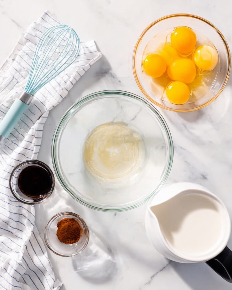 A clear glass bowl sits empty in the center on a white marbled surface. To the top right, there is a glass bowl with five raw egg yolks and whites, showing a bright yellow and translucent mix. Below it, there is a small glass cup with dark vanilla extract, and next to it a tiny glass container with light brown cinnamon powder. At the bottom right, a white pitcher with a black handle is filled with milk. On the left side of the image, a soft blue whisk lies next to a white and blue striped cloth. The whole scene has bright natural light reflecting softly off the glass items, photo taken with an iphone --ar 4:5 --v 7