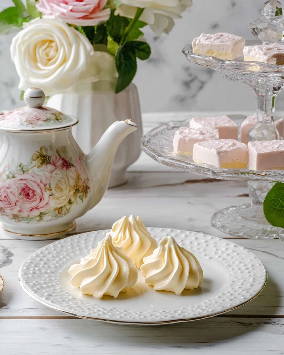The image shows a white plate with three small, light yellow meringues neatly placed in the center, each with a swirled and slightly peaked texture. Behind the plate, there is a two-layer glass stand holding two pale pink square-shaped sweets with smooth surfaces on the top layer, and four similarly shaped light yellow meringues arranged on the bottom layer. To the left, there is a floral teapot with pink roses and green leaves, and a white vase holding a white rose and green leaves is seen in the background. The surface is a white marbled texture. Photo taken with an iphone --ar 4:5 --v 7