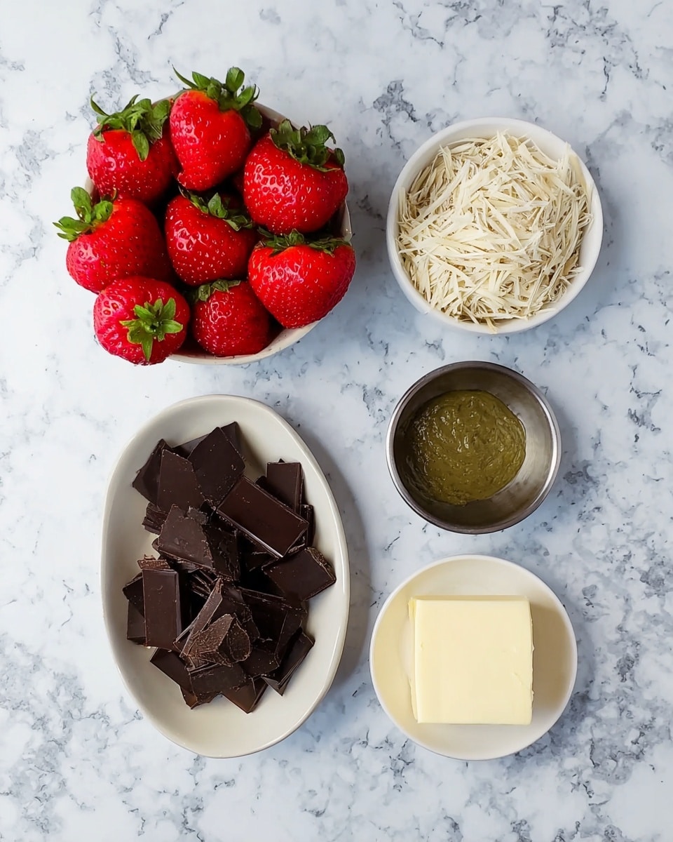 The image shows five small white bowls placed on a white marbled surface. The top left bowl is filled with bright red strawberries with green leaves. To its right, a bowl contains light brown shredded strands that look dry and thin. Below the strawberries, an oval white bowl holds dark, shiny chocolate pieces broken into various shapes. To the right of the chocolate, a small round white bowl holds a green, smooth creamy paste. Next to it, a tiny round white bowl contains a block of pale yellow butter with some small shavings around it. photo taken with an iphone --ar 4:5 --v 7