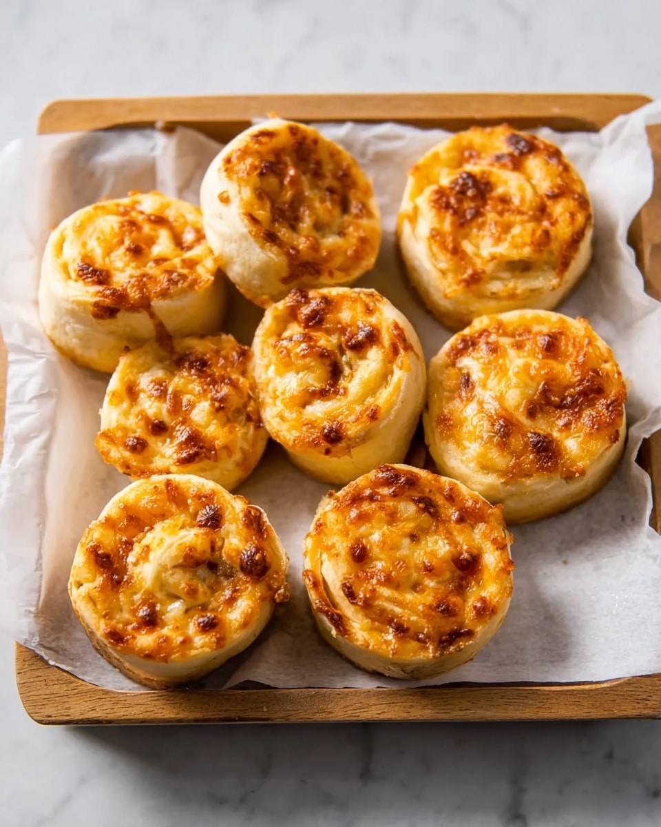 The image shows nine small savory rolls arranged on a white parchment paper, placed on a wooden board. Each roll has a light golden-brown outer layer of soft dough with a slightly crispy texture on the edges. Inside, there is a visible filling with a mix of light brown cheese melted and small bits of darker, possibly mushroom or vegetable pieces, giving a varied texture. The rolls are spiral-shaped, showing layers of dough and filling twisted together, with some rolls showing more filling on top, browned and slightly caramelized. The background is a white marbled texture. photo taken with an iphone --ar 4:5 --v 7