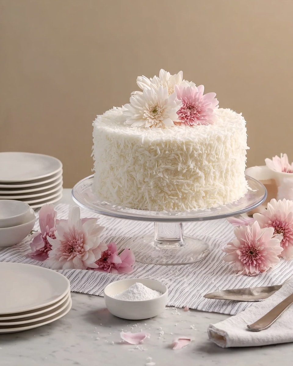 A tall round cake covered fully with white shredded coconut shows three soft pink and white flowers placed on top at the center. The cake sits on a clear glass stand that lifts it above the white marbled surface covered with a light striped cloth. Around the stand are some pink and white flowers lying on the cloth, white plates stacked on the left, a small white bowl with white powder in front, and a white folded napkin with a silver utensil on the right. The background is plain beige. Photo taken with an iphone --ar 4:5 --v 7