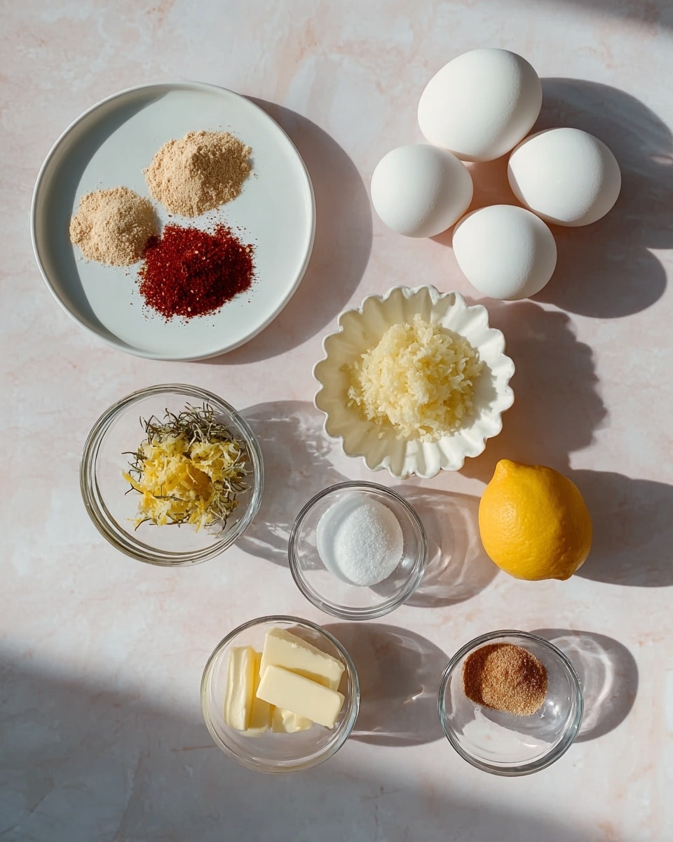 The image shows a top-down view of nine ingredients arranged neatly on a white marbled surface. At the top right, there are four whole white eggs placed close together. Below the eggs, slightly to the left, is a white small round plate holding three different spices: a light beige powder, a reddish powder, and red chili flakes. To the right of this plate is a small white scalloped bowl filled with finely grated pale yellow ginger. Below these, there is a small glass bowl with a mix of lemon zest and some herbs, next to it is half a bright yellow lemon. Below the lemon zest bowl, two more small glass bowls hold white granulated sugar and a light brown powder. Finally, at the bottom left is another small glass bowl with a few slices of butter. The setup is simple and bright with soft shadows, photo taken with an iphone --ar 4:5 --v 7