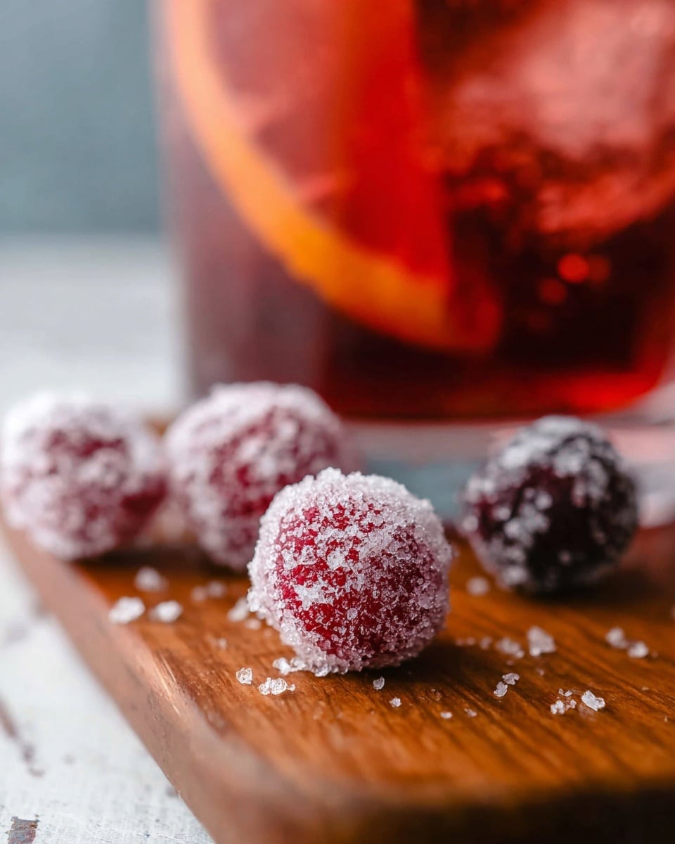 The image shows five small berries covered in white sugar crystals, with three bright red berries in the front and two darker purple berries slightly blurred in the back. These sugared berries sit on a smooth wooden surface that has a light brown color. In the background, there is a glass filled with a reddish drink and ice, which has a wedge of orange inside, all set on a white marbled texture. The focus is sharp on the closest red berry, while the rest of the scene softly blurs out. photo taken with an iphone --ar 4:5 --v 7