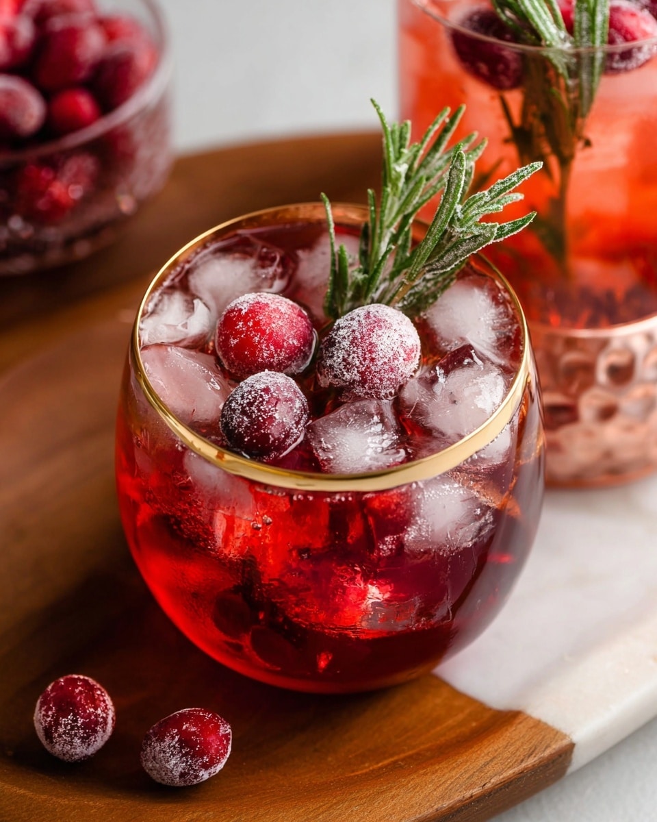 A round clear glass with a thick gold rim holds a red drink filled with multiple ice cubes that are translucent and shiny. Floating on top are several bright red cranberries, some lightly covered with frost, and a fresh green rosemary sprig standing upright near the edge. The glass sits on a wooden board with a white marbled surface visible below it. A few frosted cranberries are scattered around the base of the glass. In the background, another similar drink in a tall clear glass with cranberries and ice is partly visible but out of focus. Photo taken with an iphone --ar 4:5 --v 7