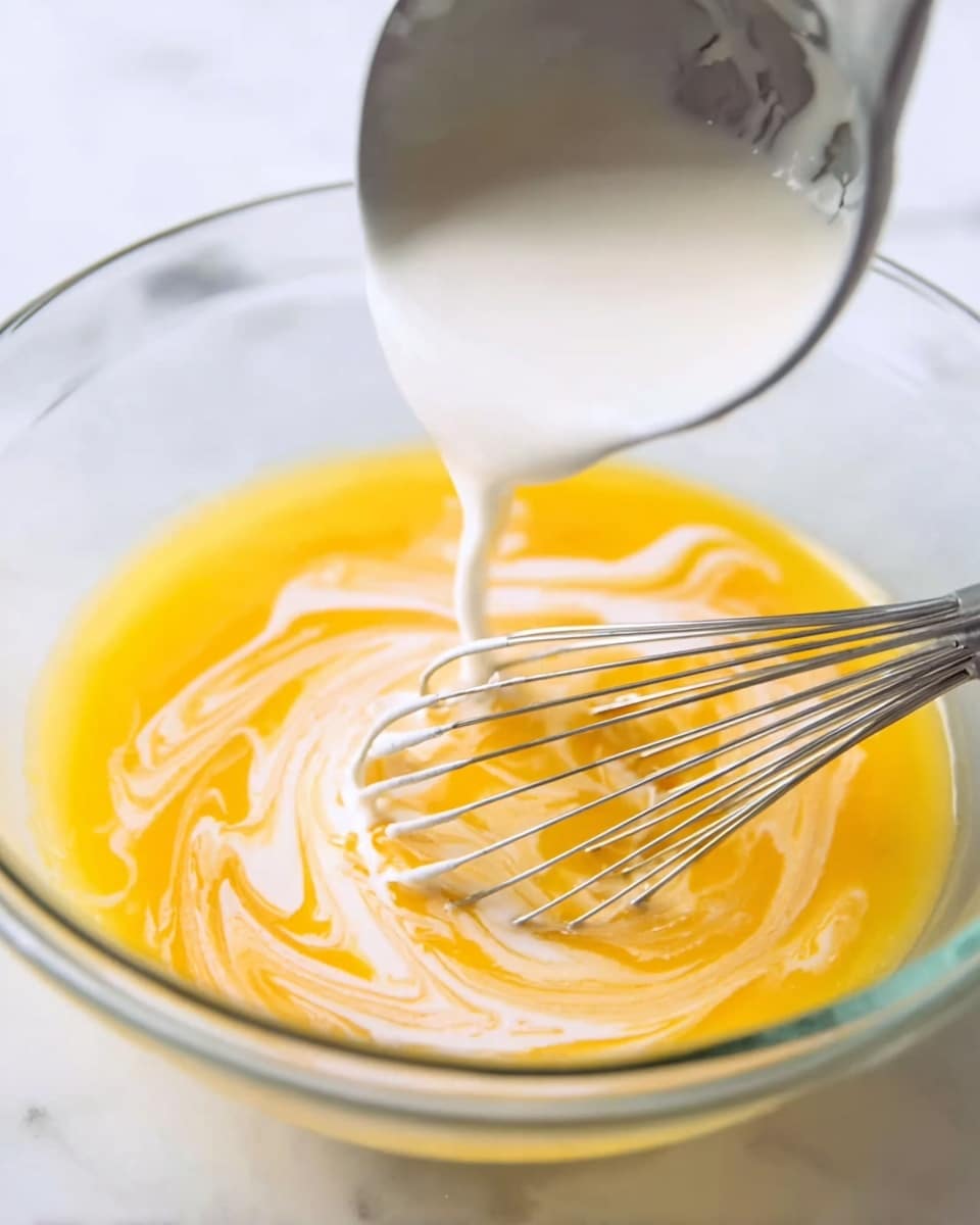 A close-up image of a transparent glass bowl on a white marbled surface, with bright yellow-orange liquid being whisked inside. White creamy liquid is being poured from a metal ladle into the bowl, creating soft swirling patterns as it mixes with the yellow base. A silver whisk with thin wires rests in the bowl, blending the two liquids together. The focus is on the motion and texture of the liquids, showing the smooth and flowing mixture. Photo taken with an iphone --ar 4:5 --v 7
