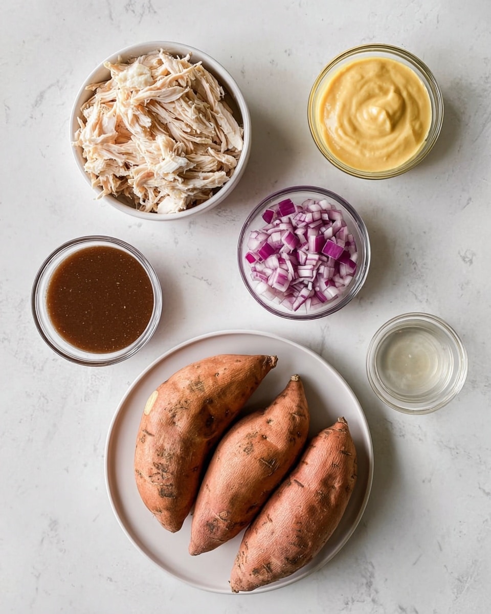 The image shows six separate containers of ingredients on a white marbled surface. At the bottom right is a white plate holding four whole sweet potatoes with rough, brownish-orange skins. Above the plate, starting from the left, there is a white bowl filled with shredded light beige chicken, a clear bowl with chopped red onions showing their purple and white pieces, a clear bowl filled with smooth, pale yellow sauce, a small clear bowl with thick, dark brown sauce, and another small clear bowl filled with a clear liquid. The items are arranged neatly and spaced evenly, viewed from above. photo taken with an iphone --ar 4:5 --v 7