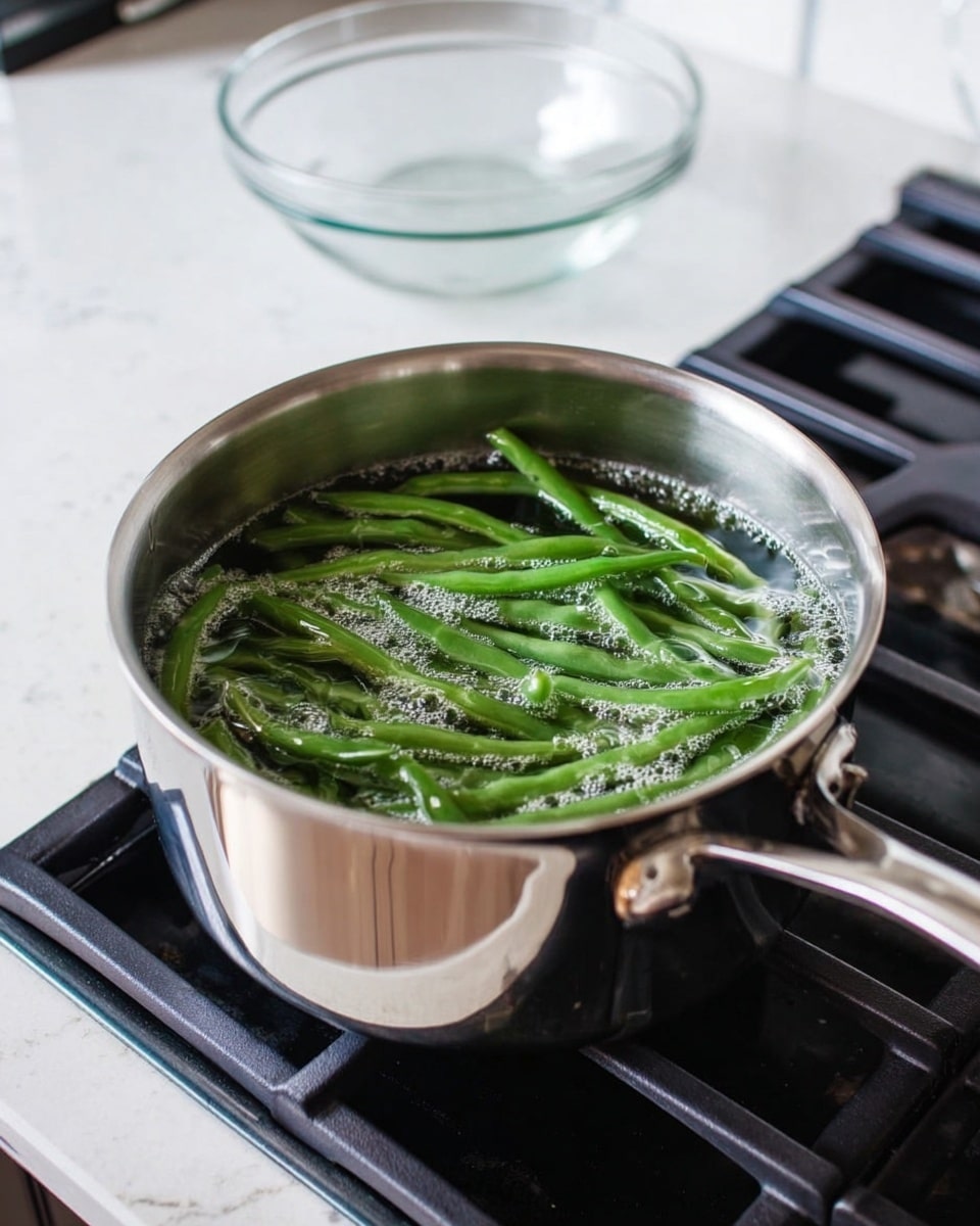 A shiny silver pot filled with bubbling water on a black stove, with bright green beans floating and cooking inside the water. The green beans are long and smooth, mostly laying flat and overlapping slightly in the boiling water. Behind the pot, there is a clear glass bowl on a white marbled surface. The pot handle extends to the right side, showing a clean and modern kitchen setting. photo taken with an iphone --ar 4:5 --v 7
