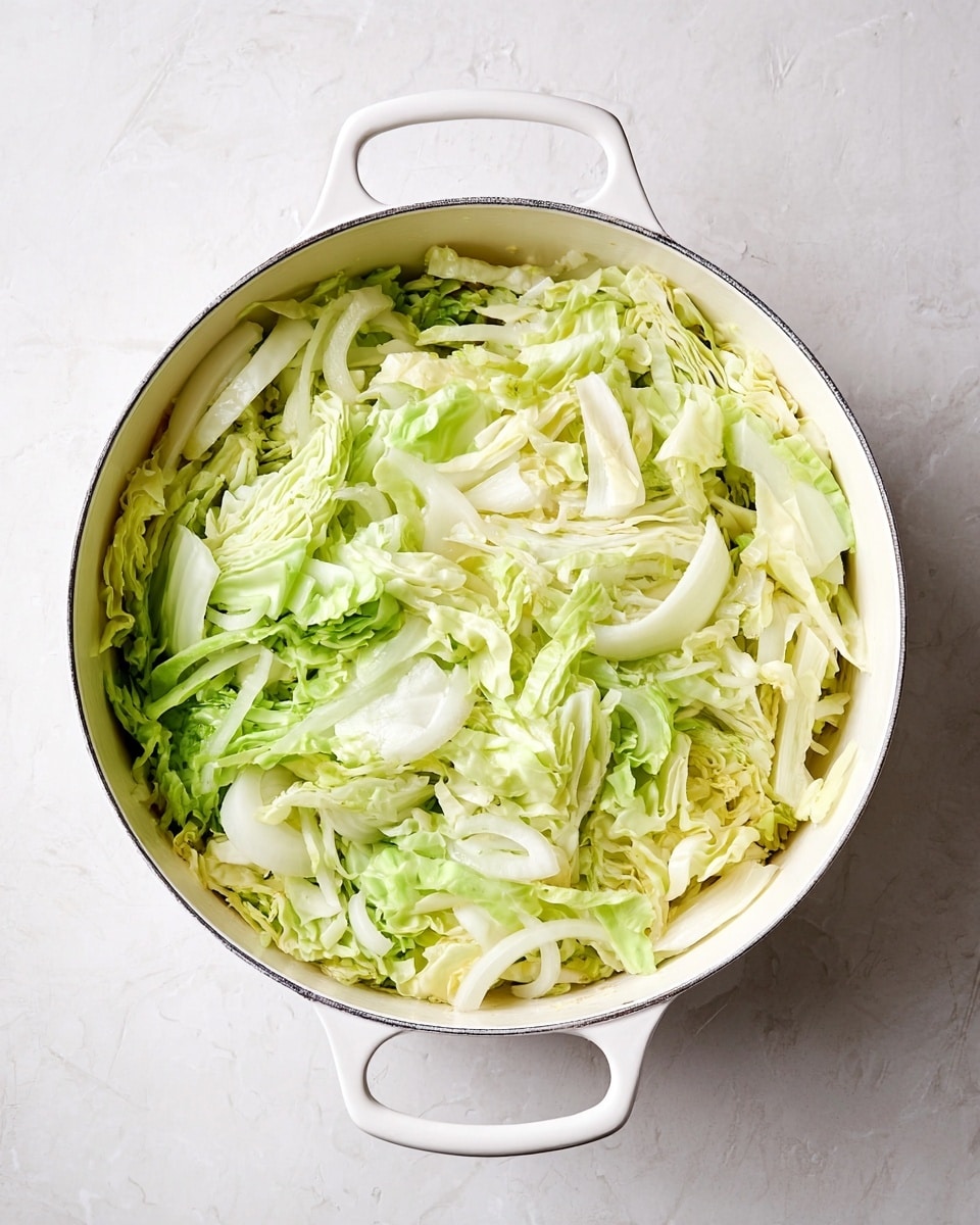 A white round pot with two handles is filled with shredded cabbage and sliced onions. The cabbage has two shades: light green and pale white, showing layers of ruffled leaves sitting loosely on top of the thinly sliced onions, which are barely visible under the cabbage. The pot is placed on a white marbled surface. The overall texture is fresh and slightly crinkly. photo taken with an iphone --ar 4:5 --v 7