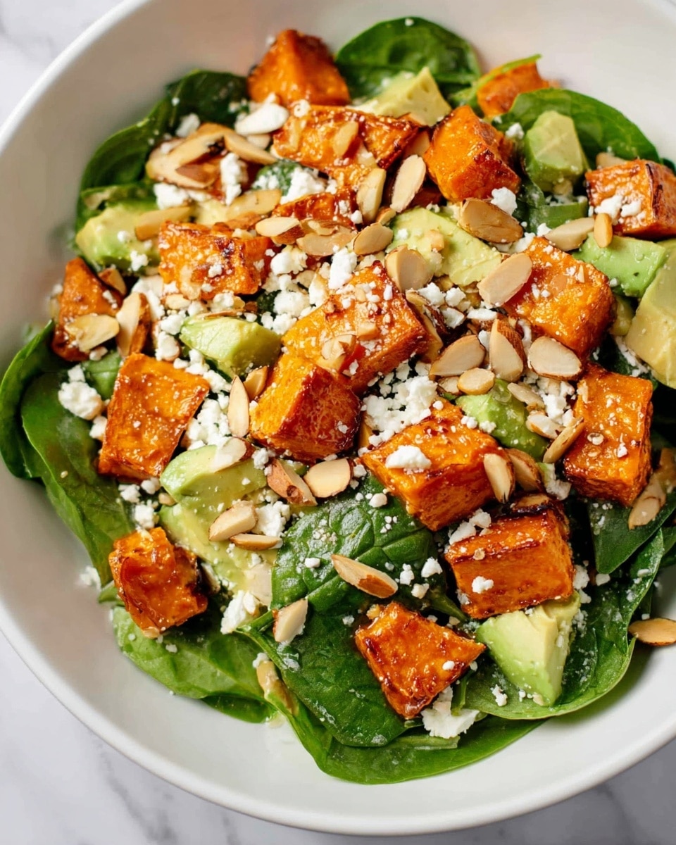 This dish is a salad served in a white bowl on a white marbled surface. The bottom layer consists of fresh green spinach leaves, creating a leafy base. On top, there are roasted orange sweet potato chunks scattered evenly, showing a slightly browned and caramelized surface texture. Light green avocado pieces are mixed throughout the salad, adding a creamy texture. Small white crumbles of cheese are sprinkled across the top, contrasting with the orange and green colors. Finally, roughly chopped light brown almonds are sprinkled over everything, giving a crunchy finish. photo taken with an iphone --ar 4:5 --v 7