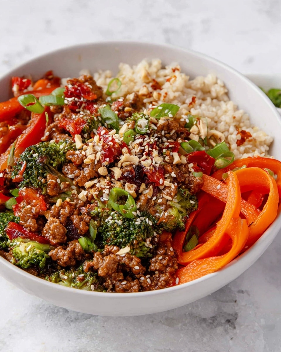 A white bowl is filled with four main layers: at the bottom, a light brown rice base; above it, a mix of vibrant orange carrot ribbons placed on the right side; in the middle, a glossy stir-fry of ground meat with bright green broccoli florets and red bell pepper pieces; and scattered on top, a sprinkling of white sesame seeds and light brown crushed nuts. Green sliced scallions peek out on the left, adding a fresh touch. The bowl sits on a white marbled surface. Photo taken with an iphone --ar 4:5 --v 7
