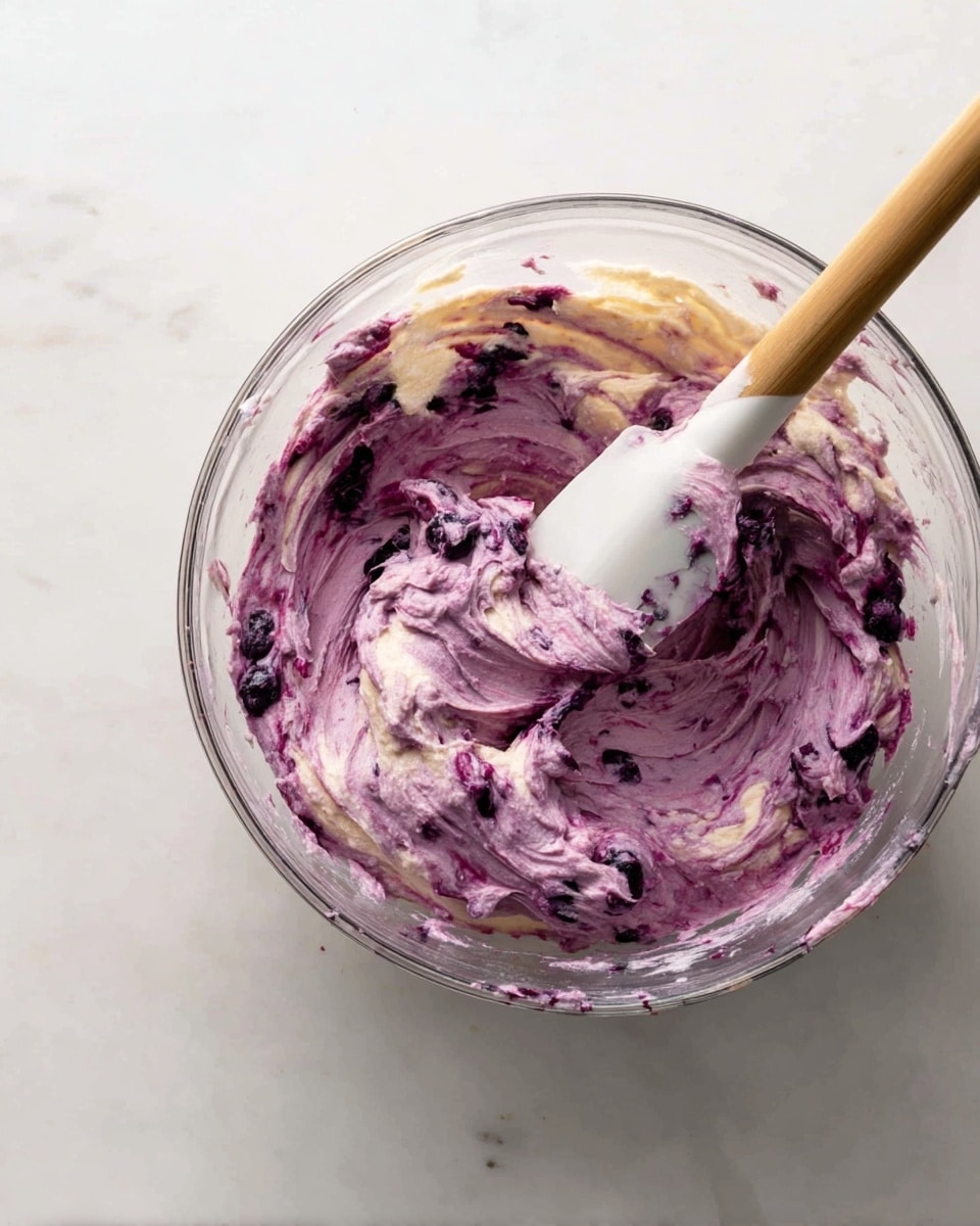 A glass bowl sits on a white marbled surface, filled with a thick, swirled batter of light purple and cream colors mixed unevenly, showing some darker purple spots where berries are scattered throughout. A white spatula with a wooden handle rests inside the bowl, partly covered with the same batter, showing texture that looks soft and creamy with small lumps of berries. photo taken with an iphone --ar 4:5 --v 7