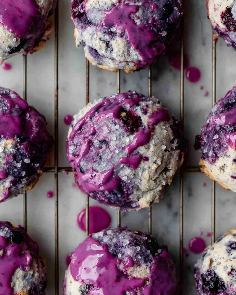 The image shows multiple round scones on a metal cooling rack over a white marbled surface. Each scone has a rough, crumbly texture with visible sugar crystals sprinkled on top. The scones are a light purplish-gray color, dotted with darker purple spots, likely from berries inside. Bright purple icing is drizzled unevenly over the tops, with some drops fallen onto the white marbled surface below. The arrangement is close together, focusing mainly on the scones' textured tops and the vibrant icing contrast. photo taken with an iphone --ar 4:5 --v 7