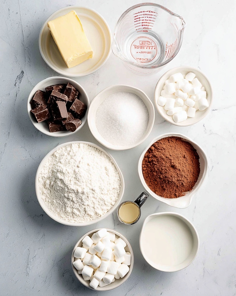 Several cooking ingredients are shown from above, arranged in a centered cluster on a white marbled surface. There are eight white bowls and a clear measuring cup. The top bowl has a block of light yellow butter, next to it the clear measuring cup is filled with water showing red measurement markings. Below the butter is a bowl filled with white granulated sugar. Next to it is a bowl containing dark chocolate chunks. Below the sugar is a large bowl filled with white flour. Adjacent to the flour bowl is a smaller bowl filled with brown cocoa powder. Below the cocoa bowl is another bowl filled with small white marshmallows. Under the marshmallows is a bowl of white powder, likely baking soda or baking powder. Finally, there is a bowl with white milk near the bottom of the ingredients. A small measuring spoon with a light yellow liquid is near the flour bowl. The setup is clean and bright, arranged on the white marbled surface photo taken with an iphone --ar 4:5 --v 7