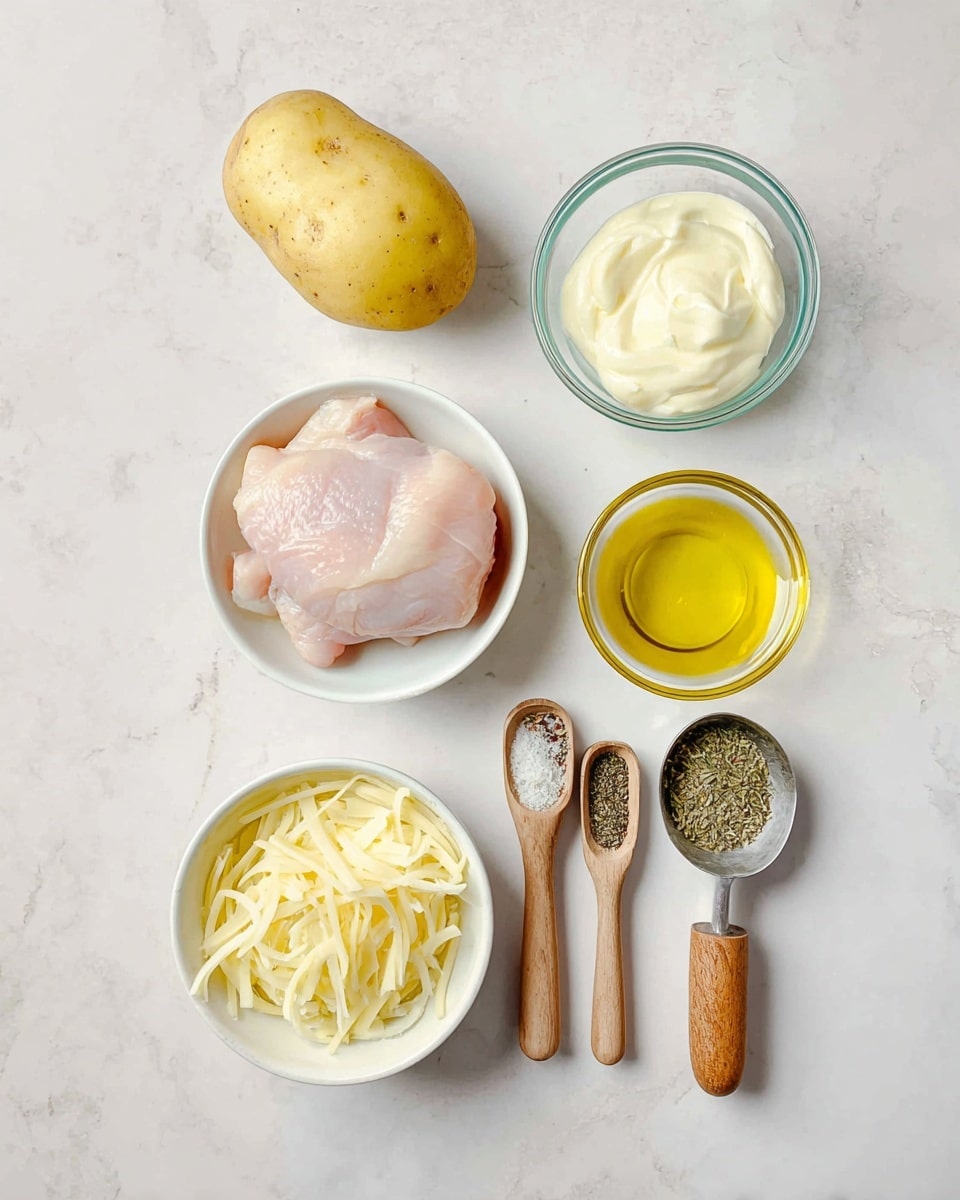The image shows cooking ingredients arranged neatly on a white marbled surface: on the top left, a yellow potato; next to it on the right, a small clear glass bowl filled with a smooth, creamy white sauce; below the potato, a white bowl holds a raw, pale pink chicken piece with a slightly wet texture; to the right of the sauce bowl, a small clear glass container holds bright yellow oil with a wooden handle; at the bottom left, a white bowl contains shredded pale yellow cheese strips; and on the right side, three wooden-handled measuring spoons filled with dried green herbs, black pepper, and white salt are lined up vertically. photo taken with an iphone --ar 4:5 --v 7