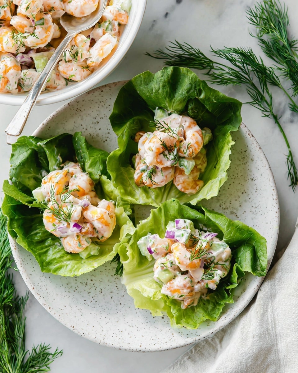 The image shows three lettuce cups placed on a white plate with a speckled texture, set on a white marbled surface. Each lettuce cup is bright green and fresh, holding a small pile of cooked shrimp with a light orange and white color. The shrimp are mixed in a creamy white sauce that has small pieces of purple onion and green cucumber, giving a fresh, colorful touch. Small sprigs of green dill are sprinkled lightly over the shrimp. In the top left corner, part of a white bowl filled with more shrimp in sauce is visible with a silver spoon resting inside. A few fresh dill sprigs are placed next to the plate, and a white cloth napkin is partly seen at the bottom right. Photo taken with an iphone --ar 4:5 --v 7