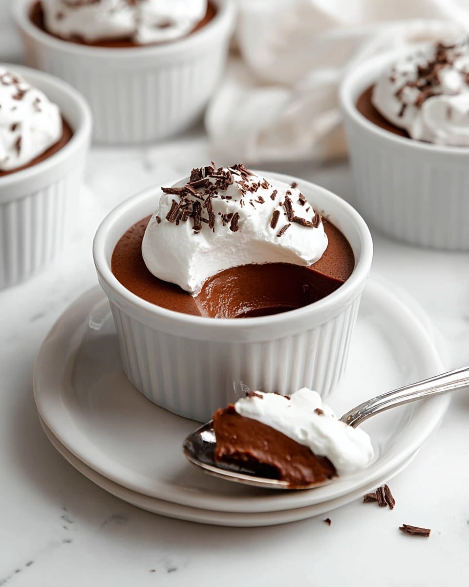 The image shows a white ramekin filled with two layers: a smooth, dark brown chocolate layer at the bottom and a white whipped cream layer on top, sprinkled with small dark chocolate shavings. A spoon resting on a white plate in front of the ramekin holds a scoop of both layers, showing the contrast between the rich chocolate and soft whipped cream. In the background, more ramekins with the same dessert are visible, placed on a white marbled surface. The focus is bright, clean, and simple, emphasizing the creamy texture and rich color of the dessert. photo taken with an iphone --ar 4:5 --v 7