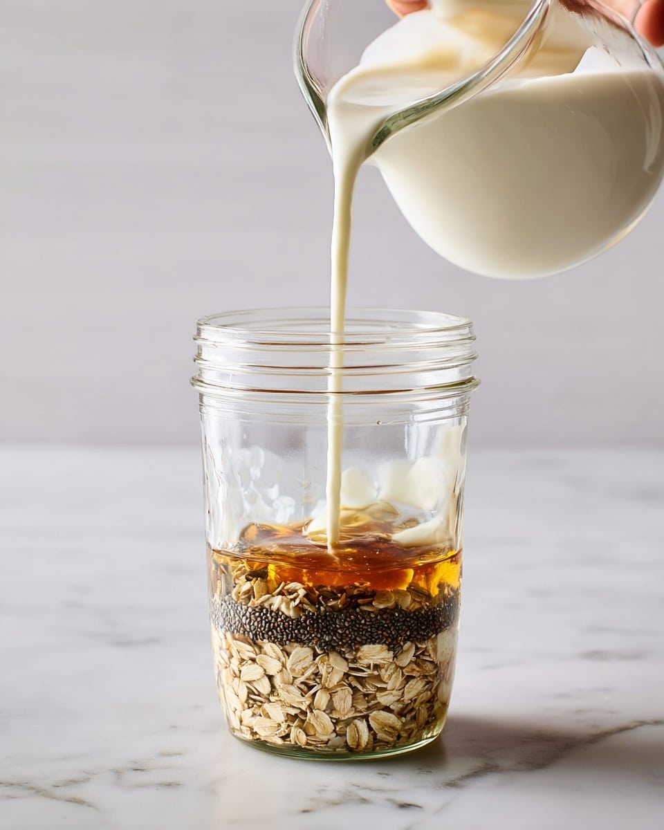 A clear glass jar on a white marbled surface contains three visible layers: at the bottom, there is a layer of light brown rolled oats with a rough texture; above that, a layer of small, dark chia seeds forms a dense middle layer; on top, a golden honey layer sits just below a stream of white milk being poured from a glass pitcher held by a woman's hand, creating a soft flow that lightly mixes with the honey. The background is a smooth white marbled texture. Photo taken with an iphone --ar 4:5 --v 7