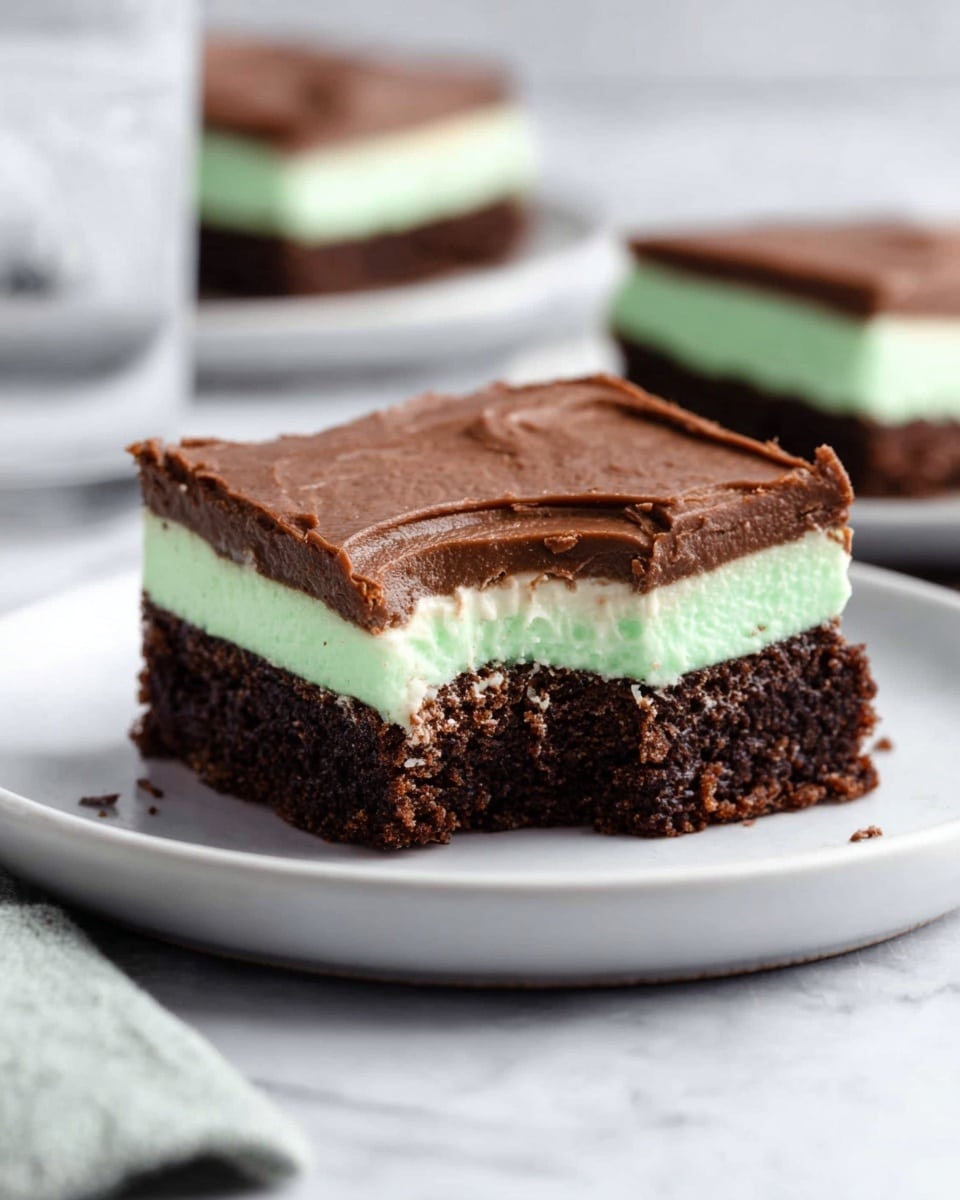 The image shows a square dessert piece on a white plate, set on a white marbled surface. The dessert has three layers: the bottom layer is dark brown and looks dense and fudgy, the middle layer is a thin, smooth mint green, and the top layer is a thick, creamy chocolate brown with smooth, slightly textured frosting. A small bite is missing from one corner, showing the layers clearly. In the background, there is a blurry hint of another dessert piece and a glass of water. Photo taken with an iphone --ar 4:5 --v 7