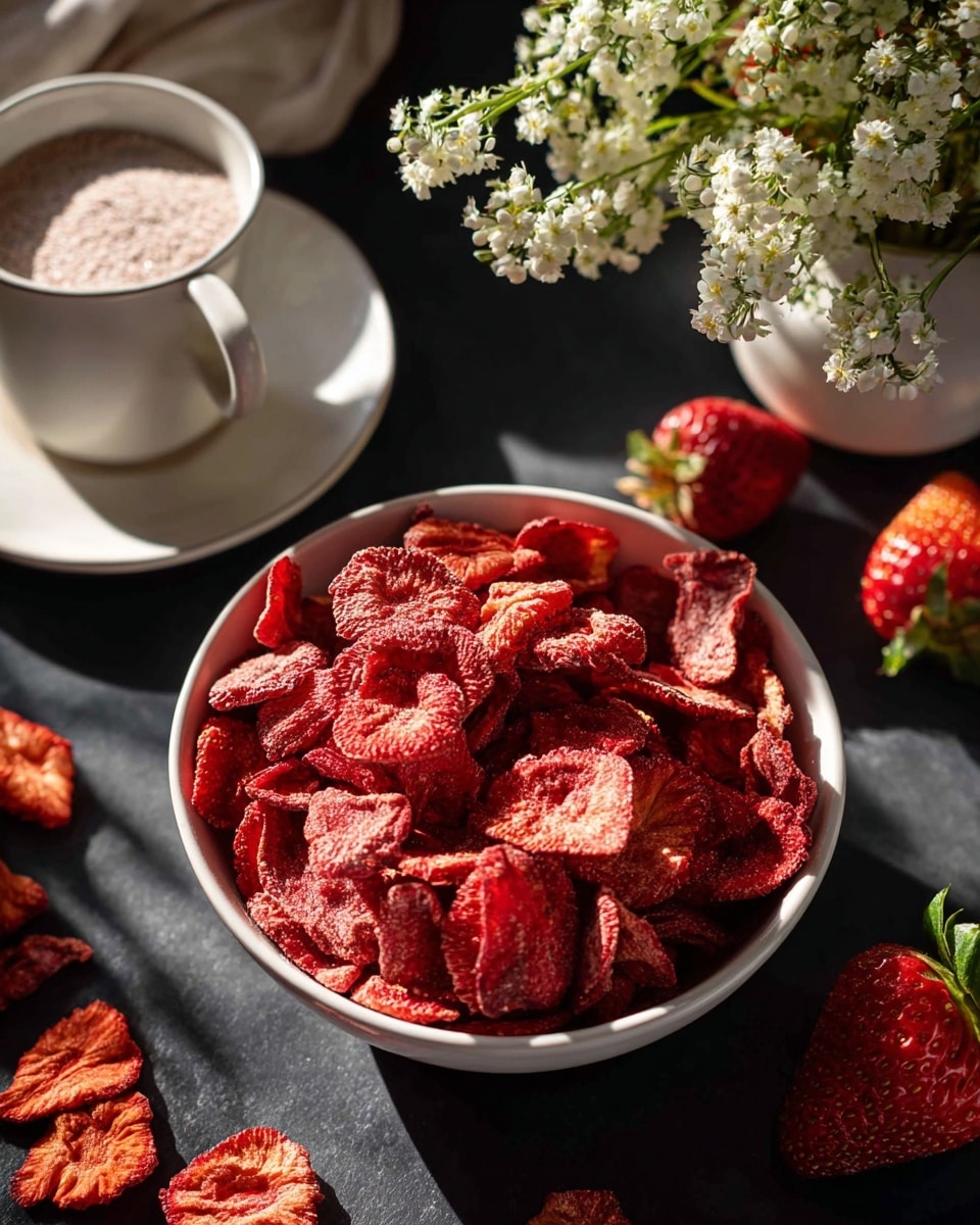 A white bowl filled with a large pile of bright red, dried strawberry slices with a rough texture, each slice showing visible seeds and natural creases, placed on a dark surface with a few dried slices scattered around the bowl. Nearby are fresh strawberries with green tops, a white cup in the background filled with a light brown powdery substance, and a white cup and saucer holding a bunch of small white flowers with green stems. The scene is lit with bright sunlight, casting distinct shadows on the dark surface beneath. Photo taken with an iphone --ar 4:5 --v 7