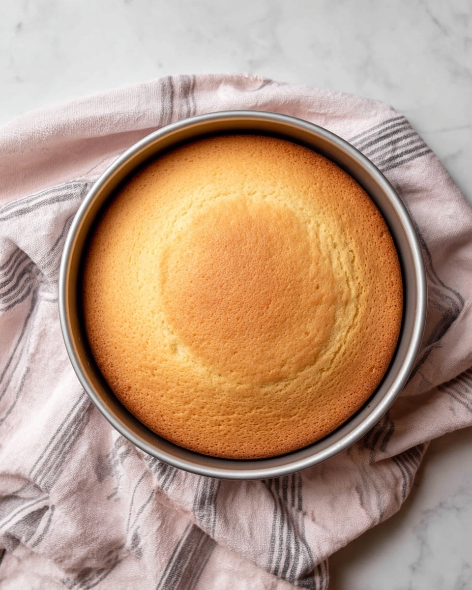 A close-up top view of a single round cake layer, golden brown on top with a smooth and lightly textured surface, sitting inside a round silver cake pan. The pan is placed on a soft pale pink cloth with thin grey stripes, resting on a white marbled surface. The cake looks soft and evenly baked with a slight dome in the center. photo taken with an iphone --ar 4:5 --v 7