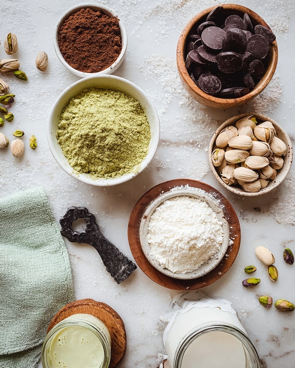 A flat lay of various baking ingredients on a white marbled texture surface. There is a white bowl filled with greenish powder at the bottom left center, next to a white bowl with white powder on the right side, sitting on a wooden plate. Above them are scattered pistachio nuts and empty shells, with an old-fashioned black nutcracker beside them. At the top left, there is a small white bowl with brown cocoa powder and a ceramic bowl filled with round dark chocolate pieces. On the right side, there is a small wooden bowl with coarse salt and a white ceramic jar with a handle and a textured light green cloth next to it. At the bottom, a jar filled with a white creamy substance is placed partially on a wooden base. photo taken with an iphone --ar 4:5 --v 7